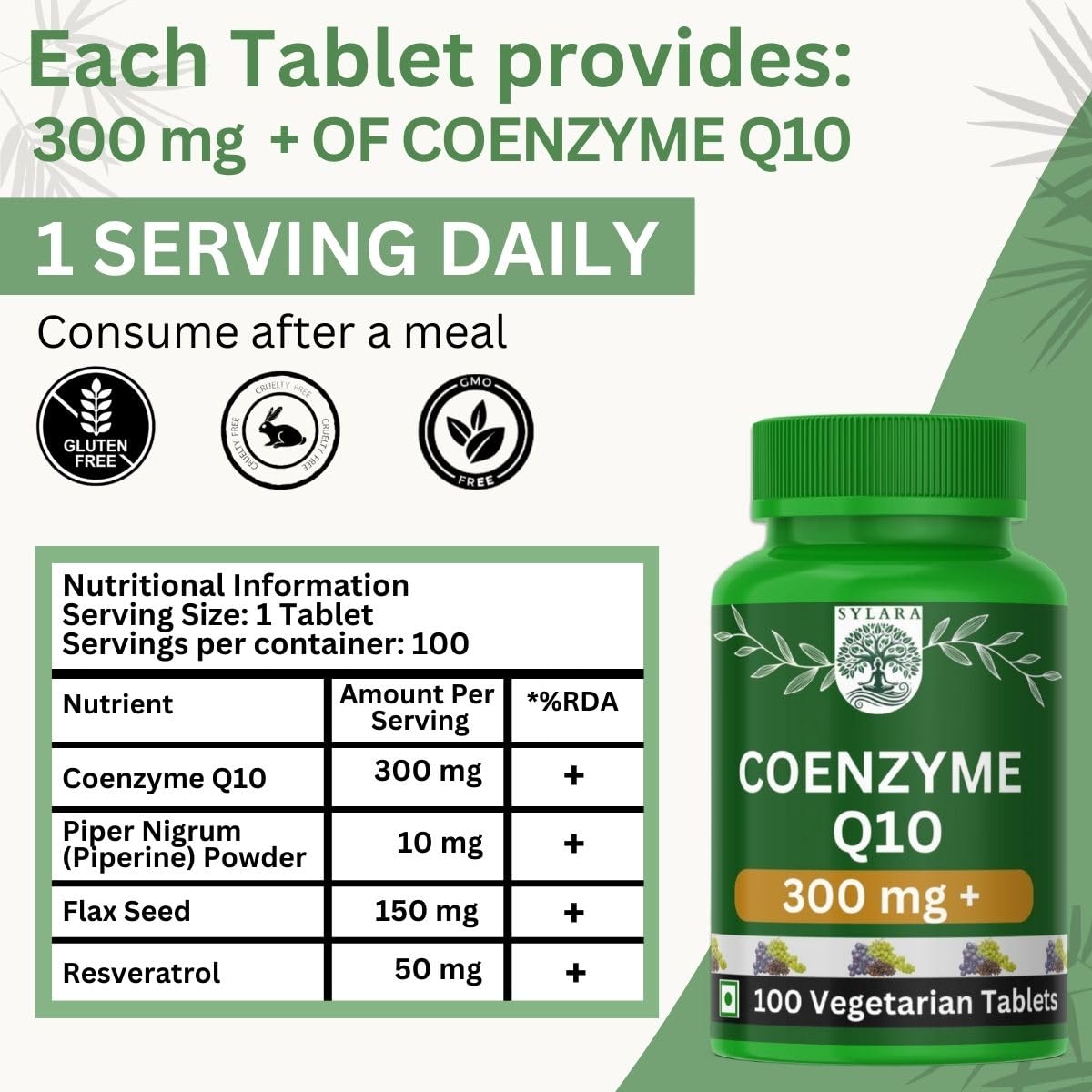 Sylara Coenzyme Q10-300 mg - 100 Tablets/Capsules - Coq10 Supplement with EPA/DHA Omega - 3 and Resveratrol Supplements