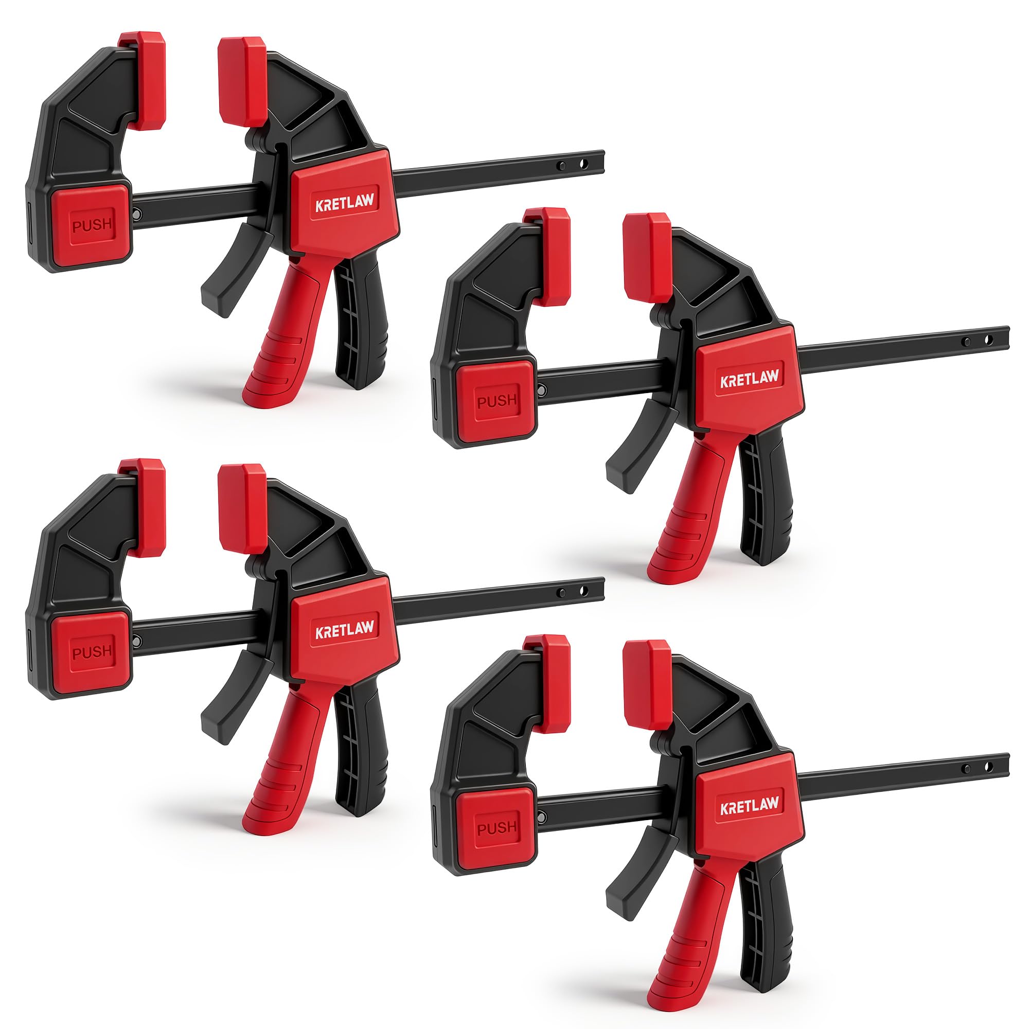 KRETLAW 150mm Wood Clamps 4-Pack, Quick Release C-Clamps & Spreaders, One-Hand Bar Clamp for Woodworking, 75KG Load Capacity