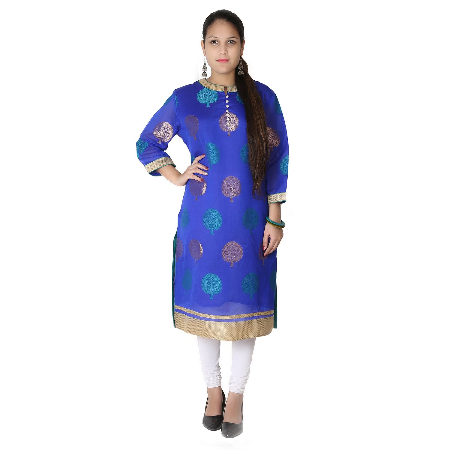 Kanaw CreationsWomens Blue 3/4 Sleeves(Round Neck) Dupkin Silk With Santoon lining Cotton Kurti/Kurta Free Size