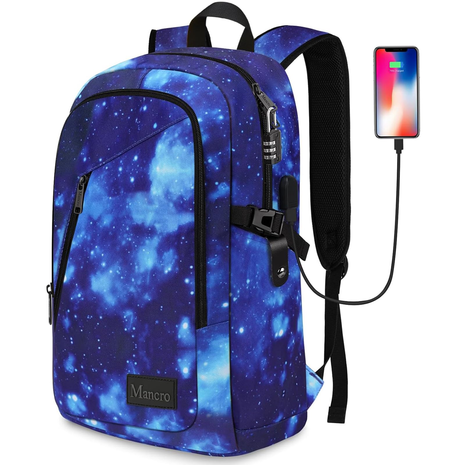 Mancro Laptop Backpack, Galaxy Color, Unisex, Durable & Lightweight, USB Port Design, Organized Pocket, Comfy & Sturdy