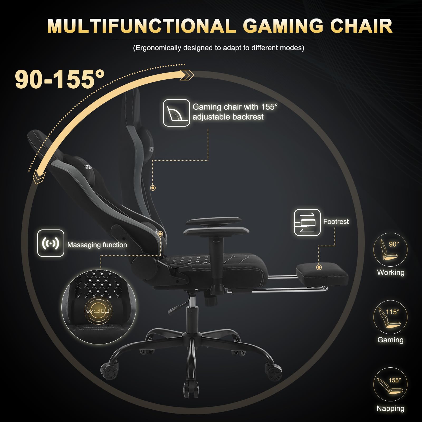 WOLTU Sedia Gaming con Massaggiatore, Poltrona Ufficio Ergonomica, Sedia da Scrivania reclinabile, Poggiatesta,Supporto Lombare, 150 kg, Tessuto tecnologico, Nero+Grigio