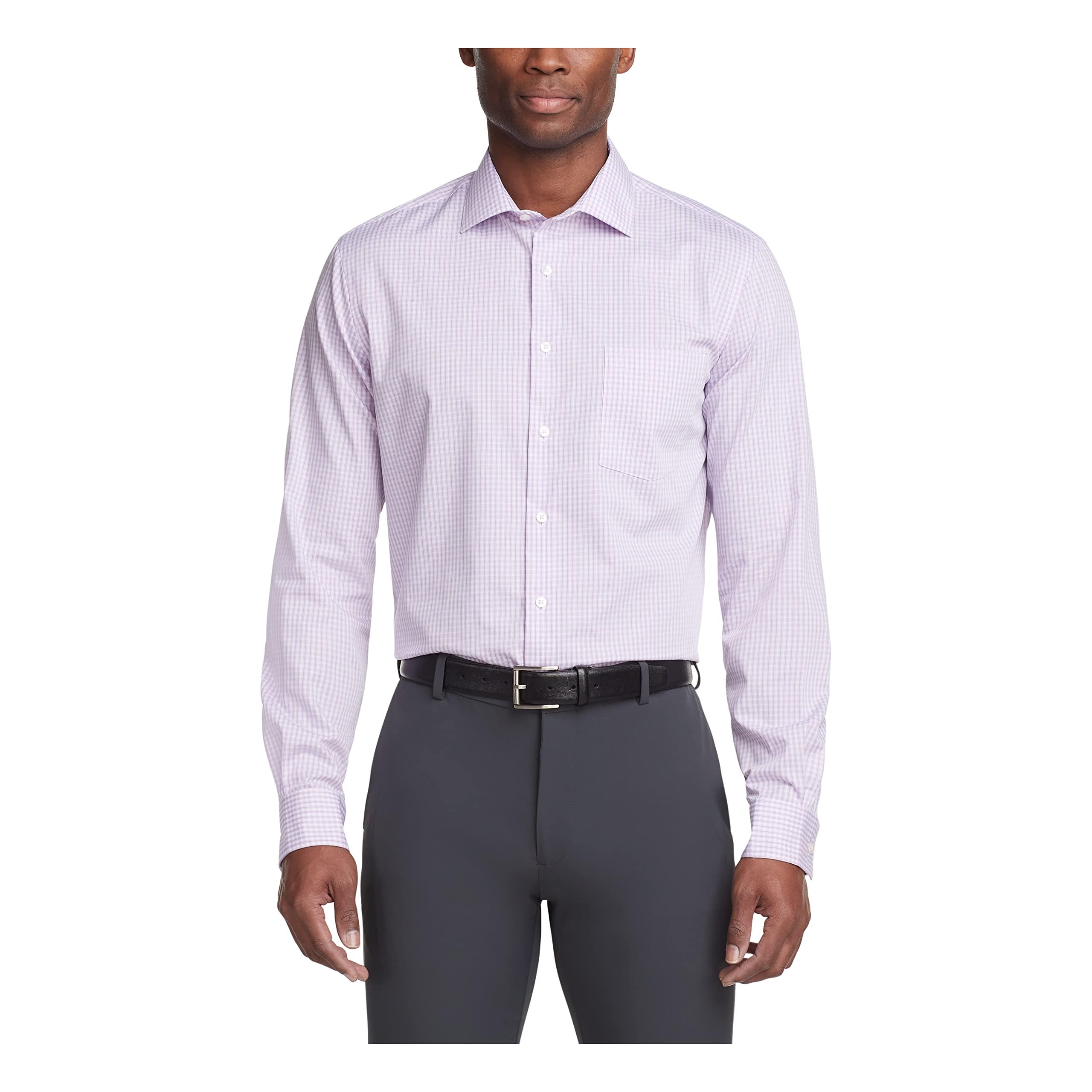 Van Heusen Men's Dress Shirt Regular Fit Flex Collar Check, Soft Lilac, 17.5" Neck 32"-33" Sleeve