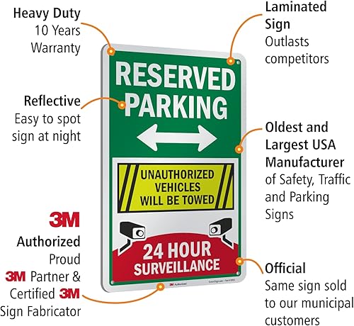 Miniatura 4 de SmartSign Letrero metálico de 18 x 12 pulgadas con texto en inglés "Reserved Parking  Unauthorized Vehicles Will Be Towed, 24 Hour Surveillance ",