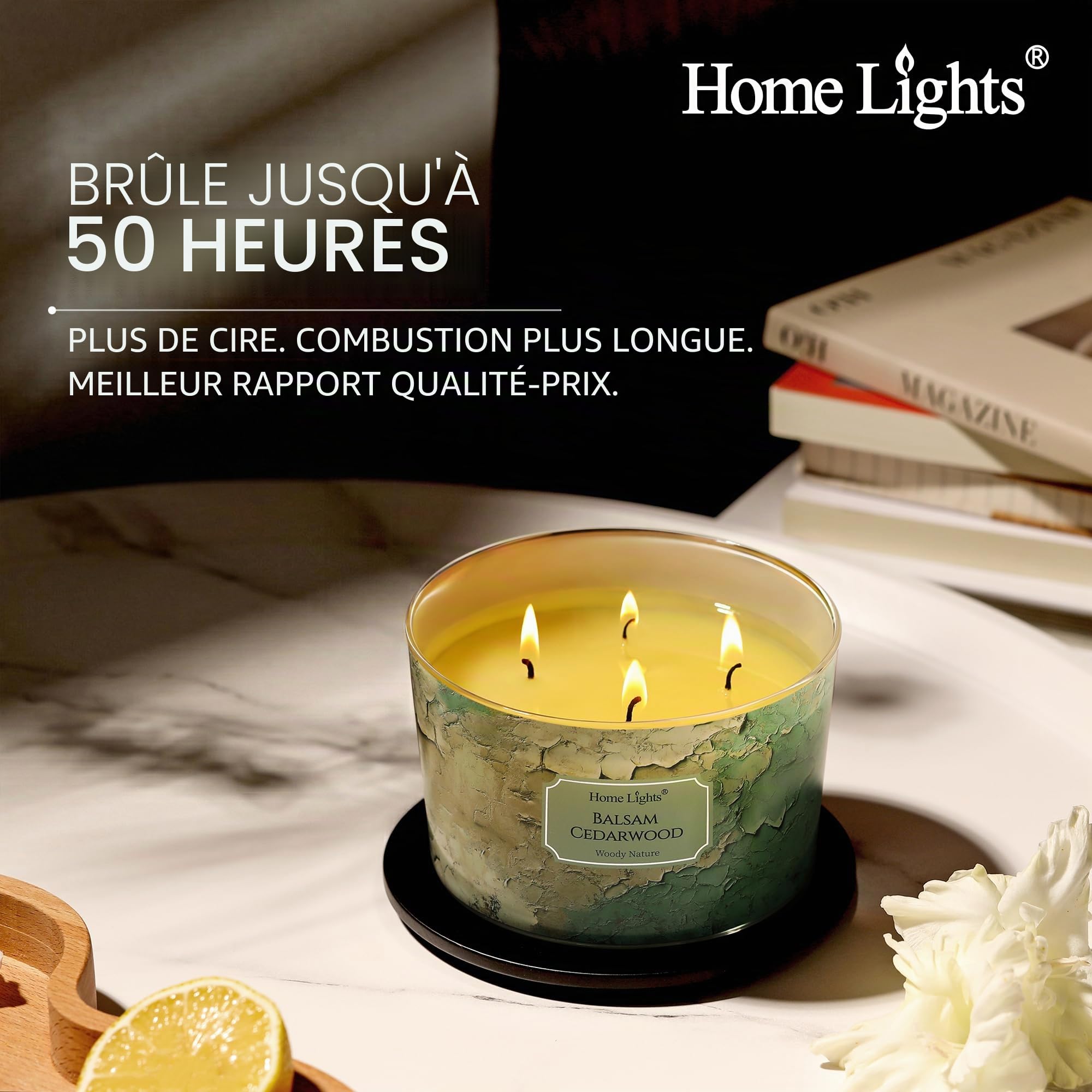 HomeLights Bougies parfumées cèdre baumier | Bougies de soja 18oz, grands pots à 4 mèches style industriel chic | Bougies idéales pour les événements, le soulagement du stress et la détente