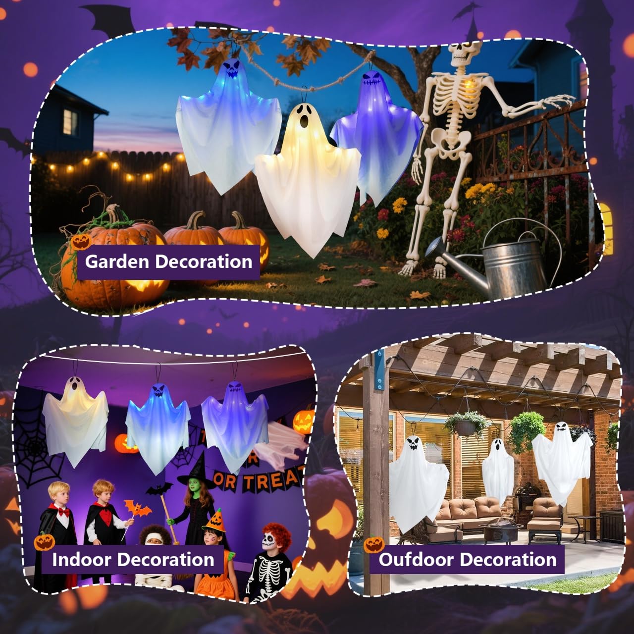 LUZOON Decorazione per Halloween, per esterni, Halloween, 3 pezzi, 65 x 70 cm, con luci a LED, fantasma, sacco a vento, decorazione da appendere per interni ed esterni, giardino horror