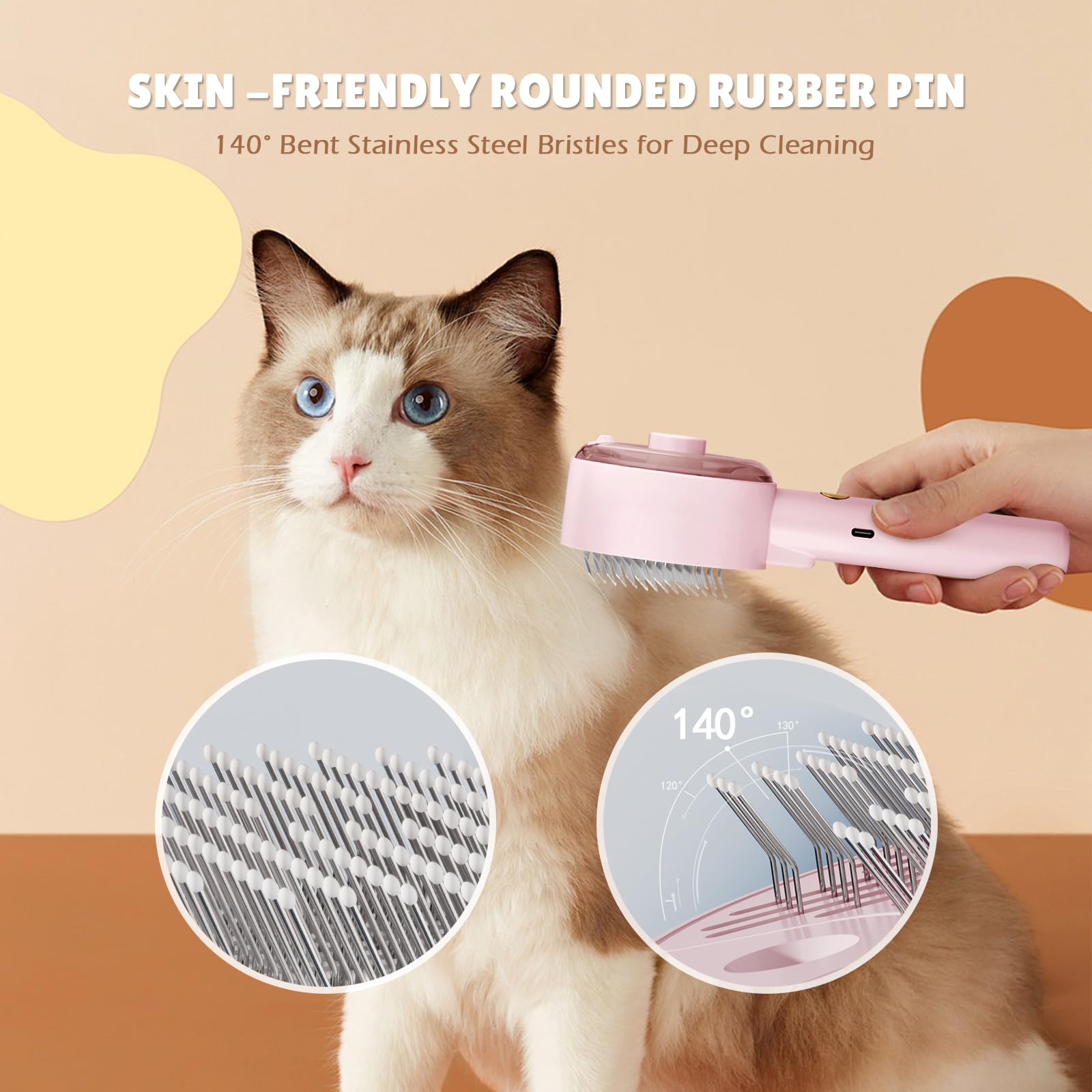 Spazzola a vapore 4 in 1 per cani e gatti - Autopulente con serbatoio d'acqua - Toelettatura e massaggio per animali domestici（Rosa）