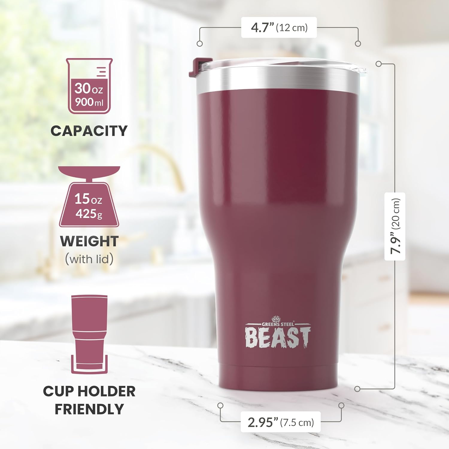 Beast 30 oz Tumbler Stainless Steel Vacuum Insulated Coffee Ice Cup Double Wall Travel Flask (Cranberry Red) - Image 7