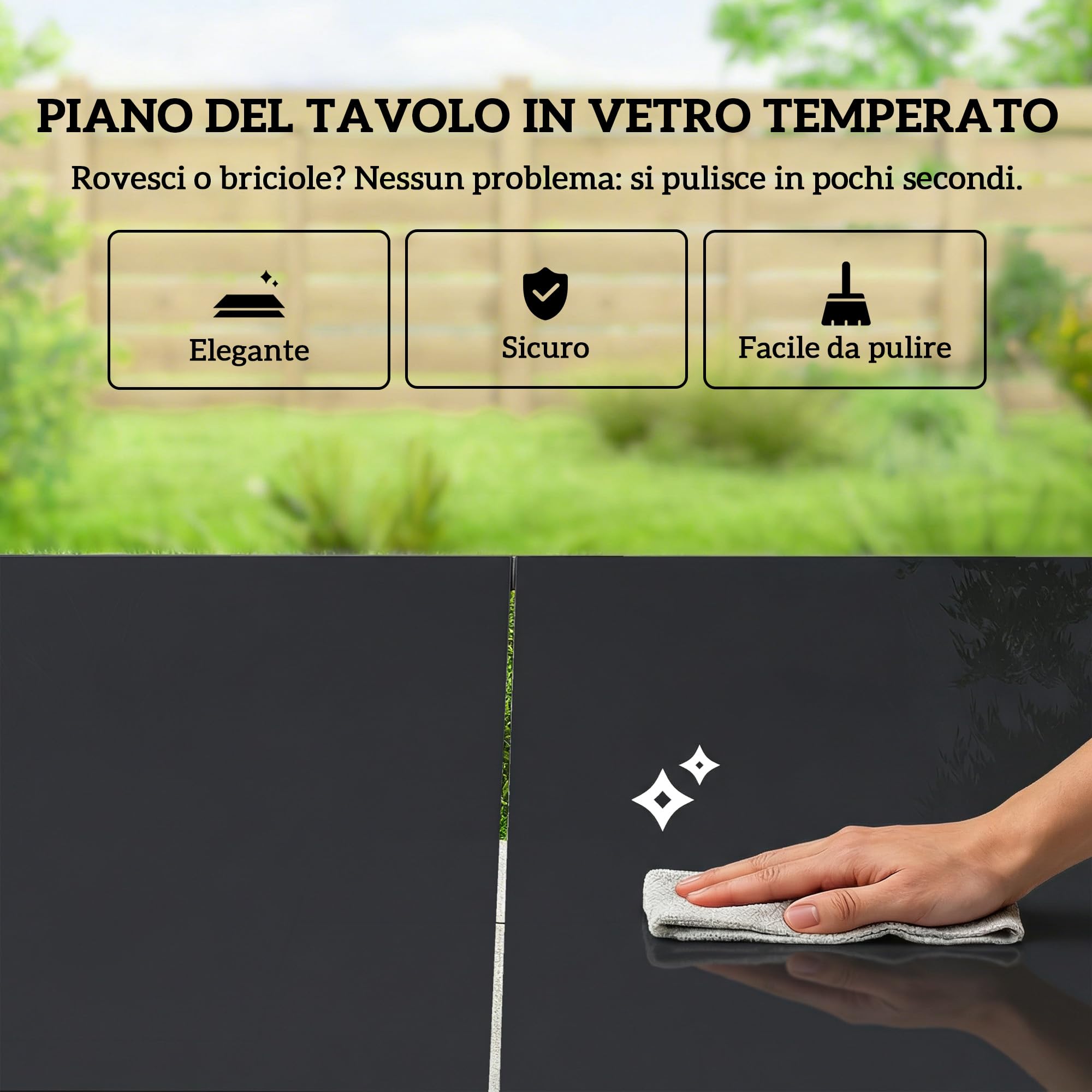 Outsunny Set Tavolo e Sedie da Giardino 7 Pezzi, Pranzo Esterno con Tavolo in Vetro Temperato, Sedie Texteline Traspirante, Acciaio, Nero
