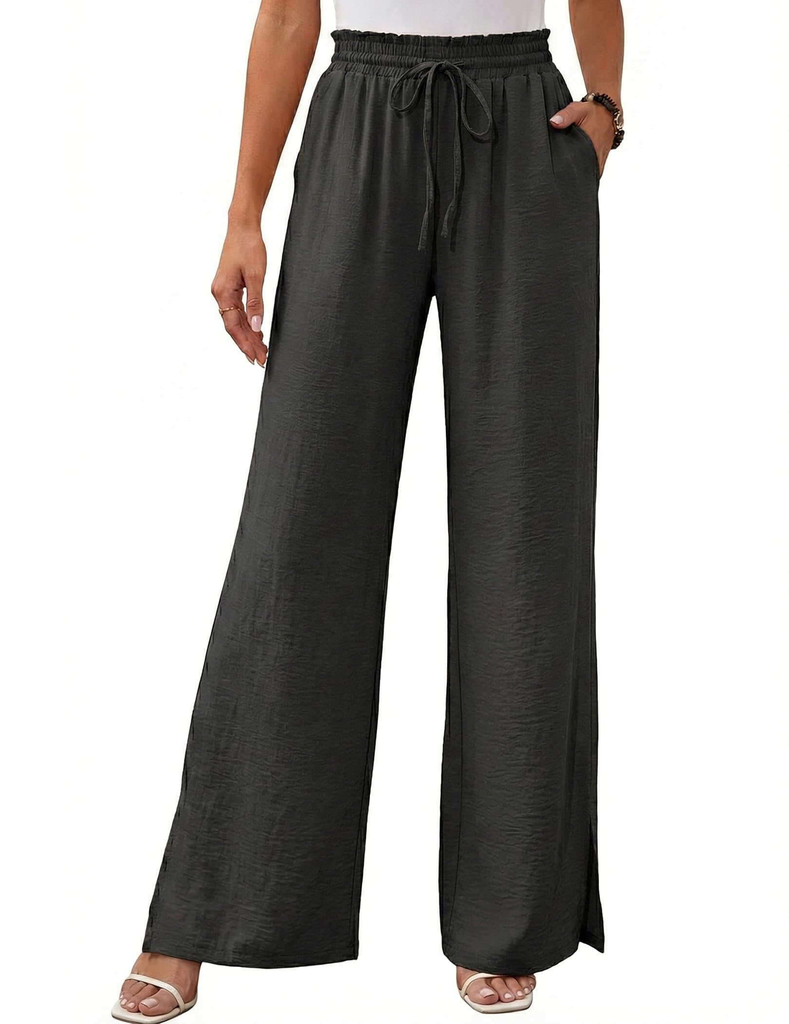 GraceSelect Women Linen Flowy Wide Leg Pants, High Waist Palazzo Pant with Pockets, Beach Cover Up Trousers with Drawstring