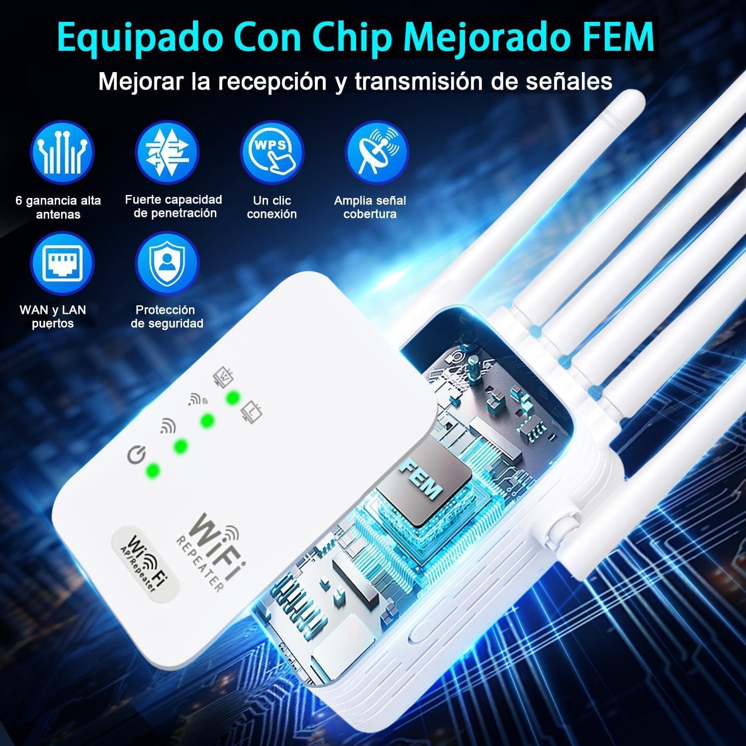 Repetidor WiFi Más Vendido,Amplificador Señal WiFi Potente,6 Antenas Y 2 Puertos LAN,WiFi Extender,Extensor WiFi para El Hogar Y La Oficina, Fácil De Instalar
