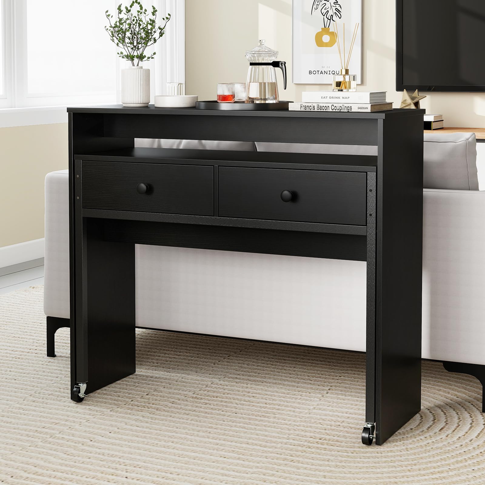 GIANTEX Escritorio de Ordenador con Tablero Extensible, 100 x 63 x 88 cm, 2 Cajones de Almacenamiento y Estante Abierto, Diseño Compacto con Ruedas, Mesa de Trabajo para Dormitorio, Oficina (Negro)