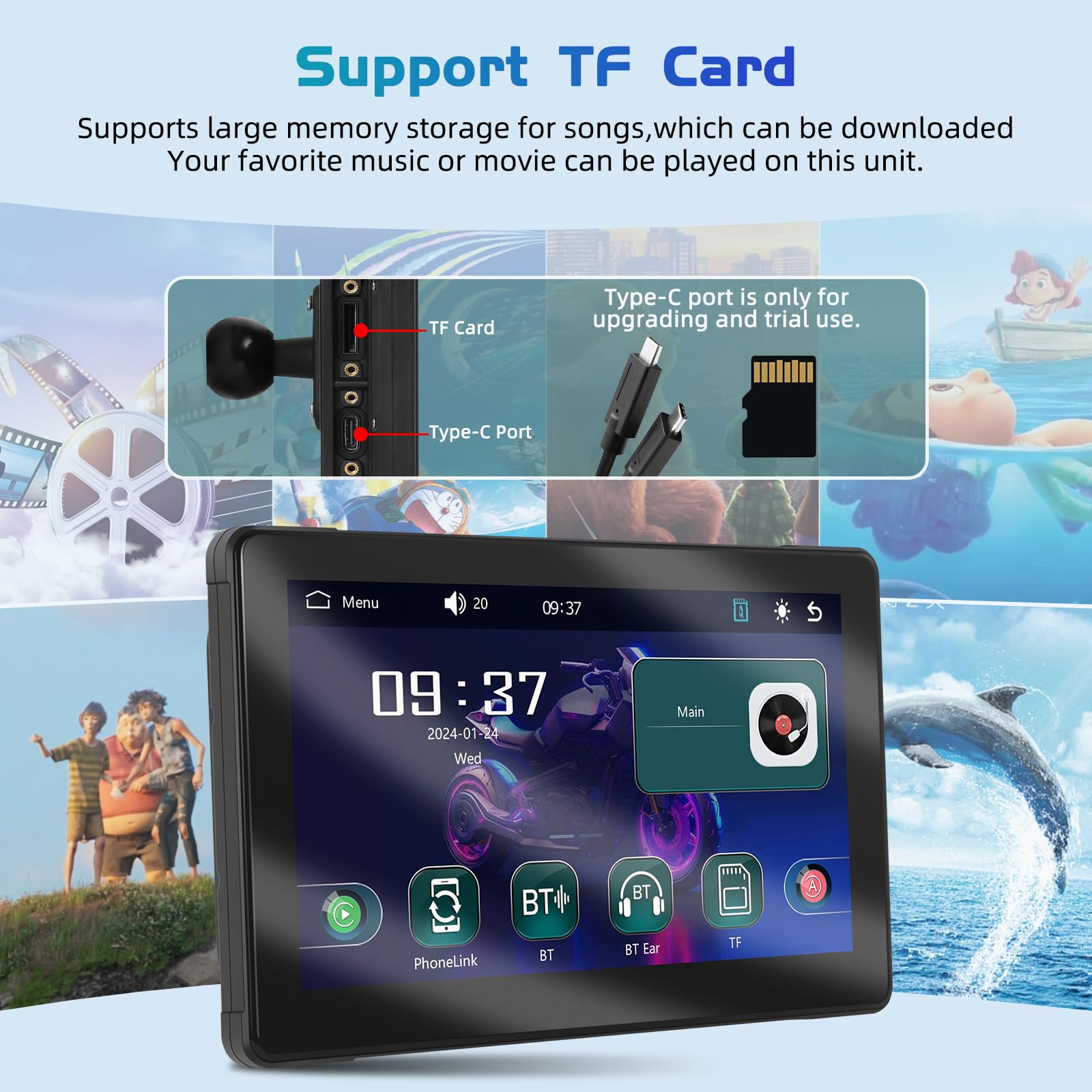 Podofo Motorrad-Navigation mit Kabellosem Carplay Android Auto, 7-Zoll Touchscreen, Portable Motorrad Radio mit Bluetooth, GPS-Navigation, FM-Transmitter, TF-Karte, USB, EQ