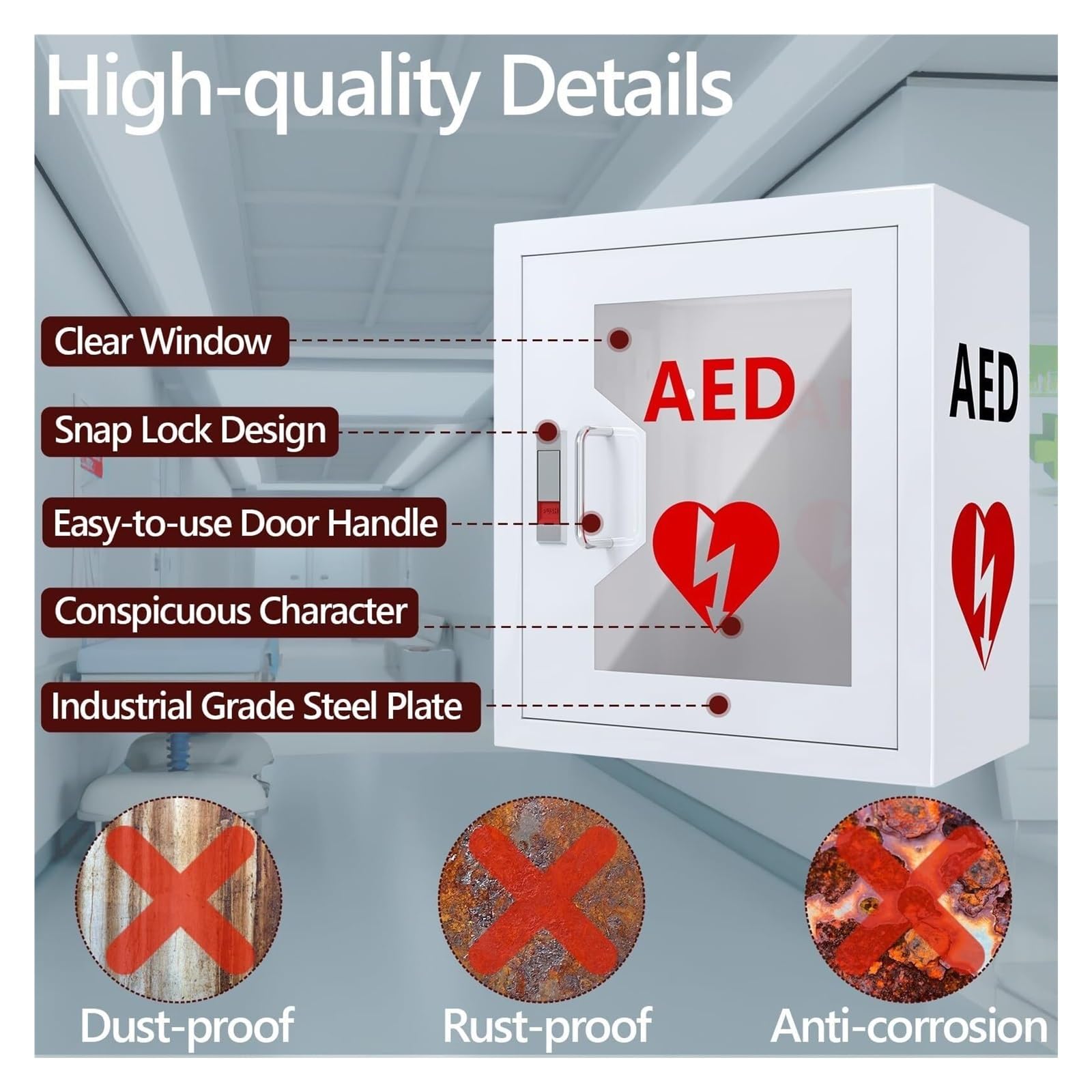Armadio Antiattico con Defibrillatore,Accesso Immediato per Emergenze Cardiache in Uffici/Aree Pubbliche,Custodia Resistente per Alloggiare Defibrillatori Standard