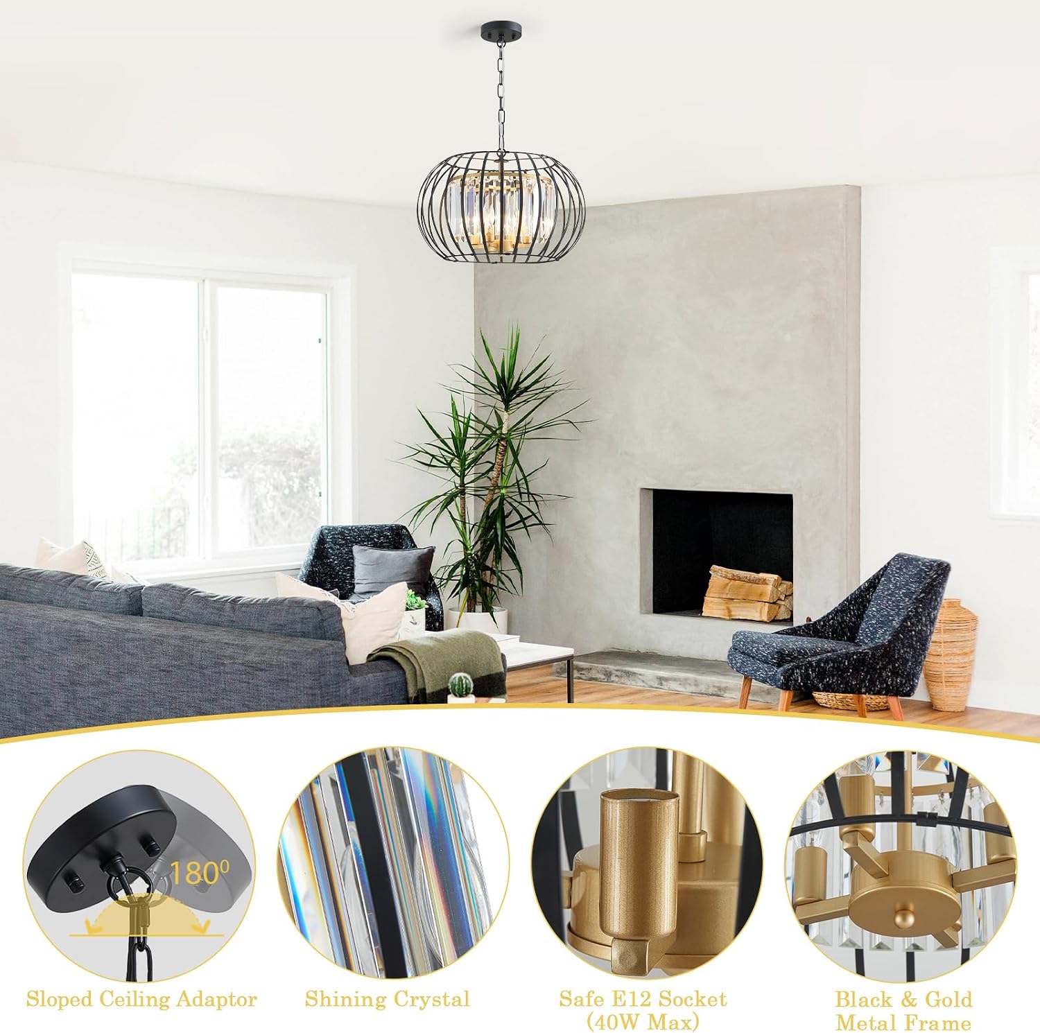 Black Gold Crystal Chandeliers 17.7" Modern 4-Light Cage Pendant Lighting Fixture Adjustable Farmhouse Round Chandeliers for Dining Room Bedroom Kitchen Island Hallway Foyer