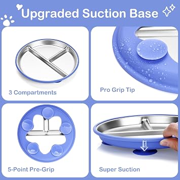 2 Pack Stainless Steel Kids Plates, 9 Divided Baby Plates with Suction, Removable Toddler Plates with Silicone Sleeve, Non Toxic & BPA Free, Dishwasher & Microwave Safe