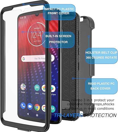Vista 6 de Tekcoo Funda con clip para Moto Z4 / Motorola Moto Z4, [Tshell] Absorción de golpes [Pantalla integrada] Cinturón de bloqueo giratorio seguro
