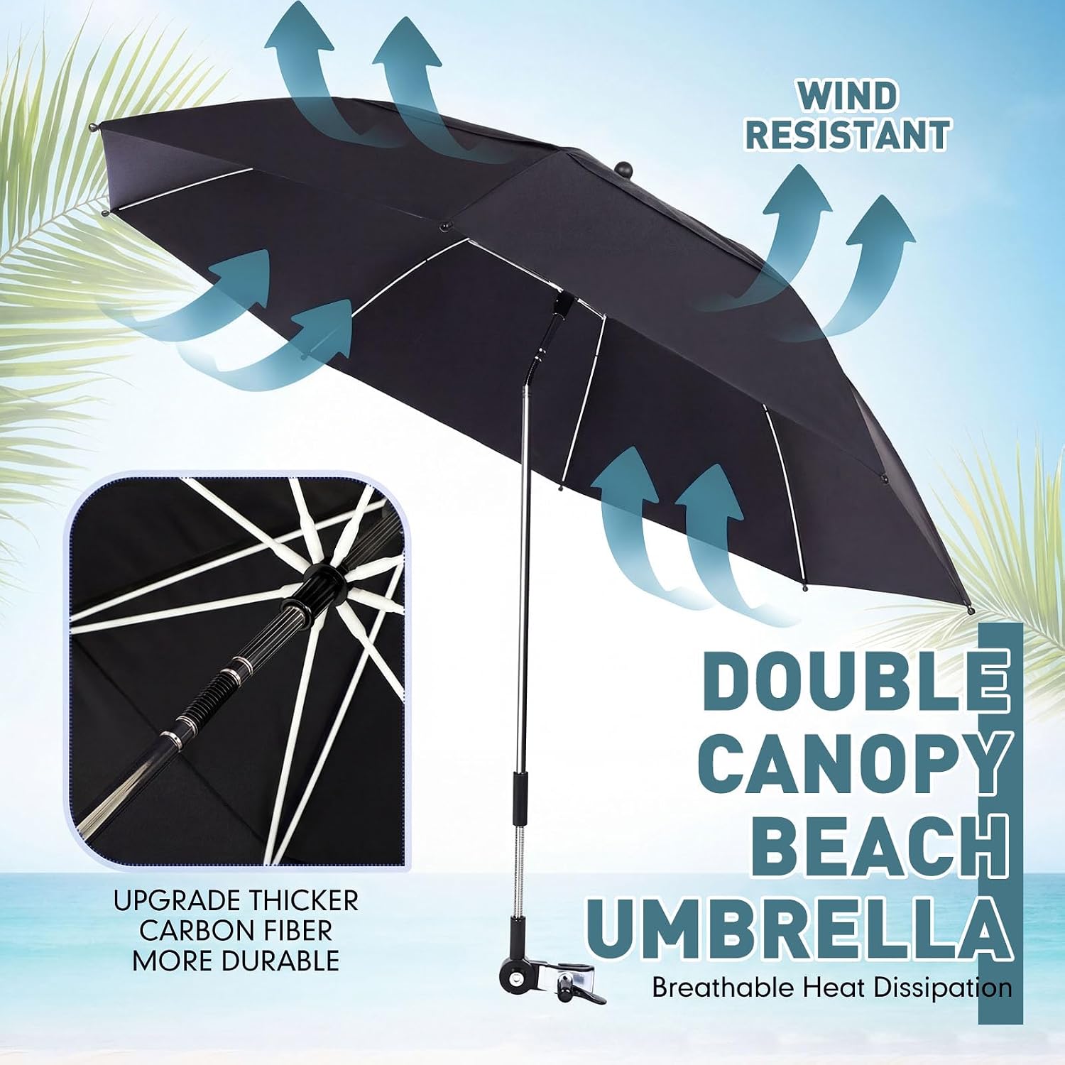 Nuanchu 2 Pack 49" Double Canopy Beach Umbrella with Clamp