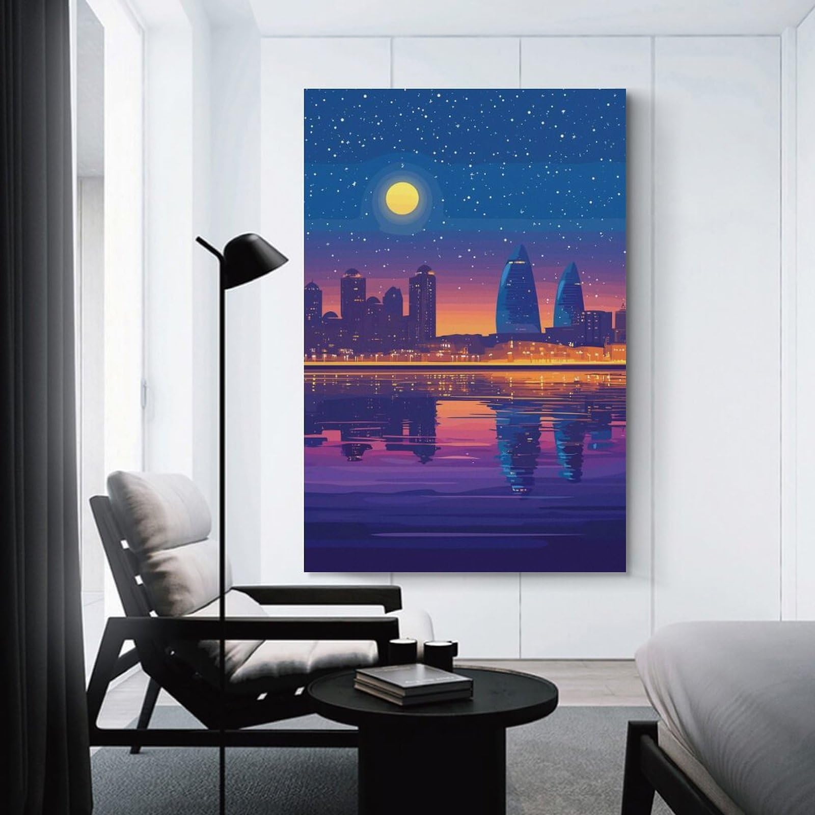 Junmoney Decorative Canvas Print Night Cityscape Reflection, 08x12inch(20x30cm), for Home Office, Desk Area Or Studio, Home Office Artwork with Decorative Appeal
