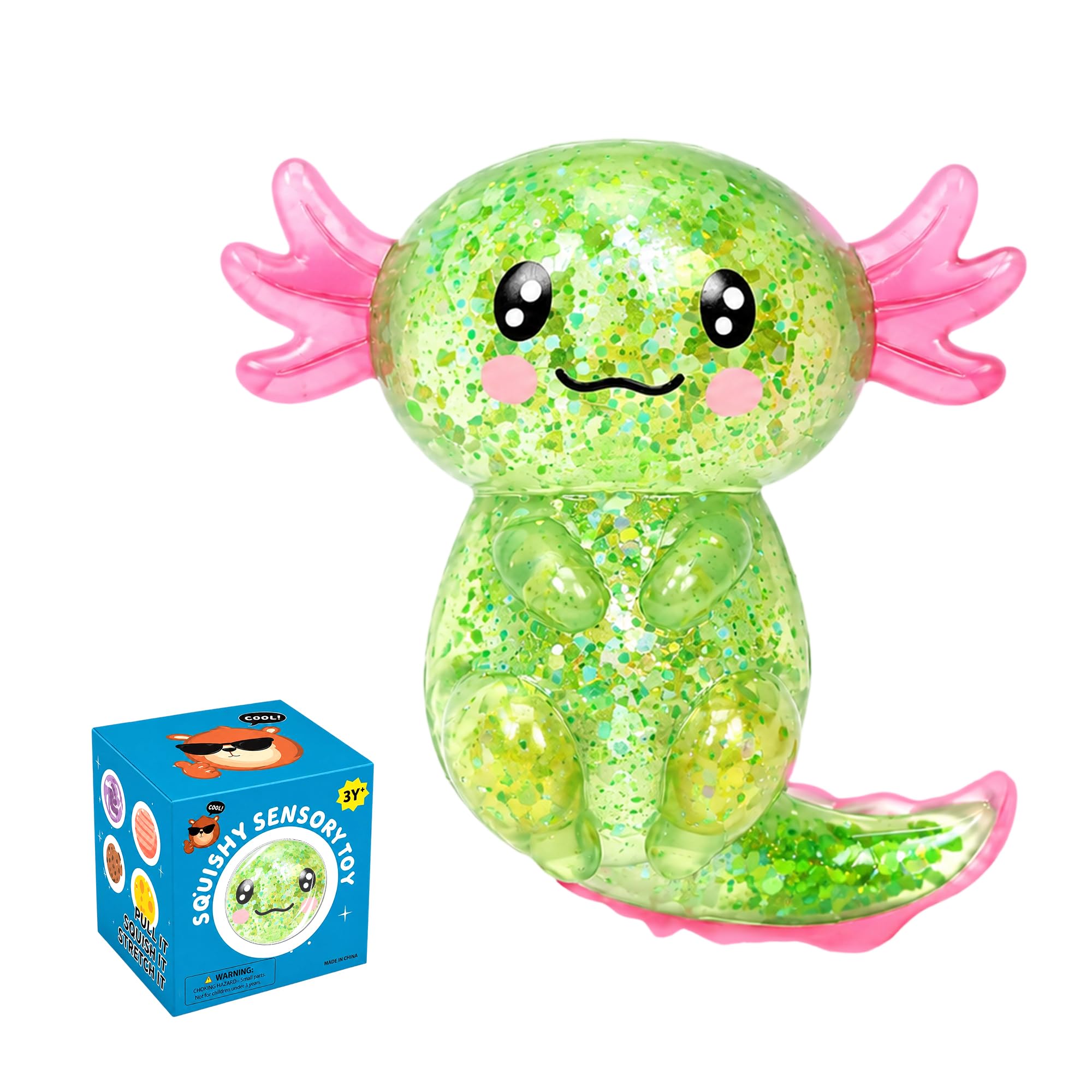 Axolotl Squishy Stress Relief Toy, Glitter Fidget Cute Axolotl Toy(Green)