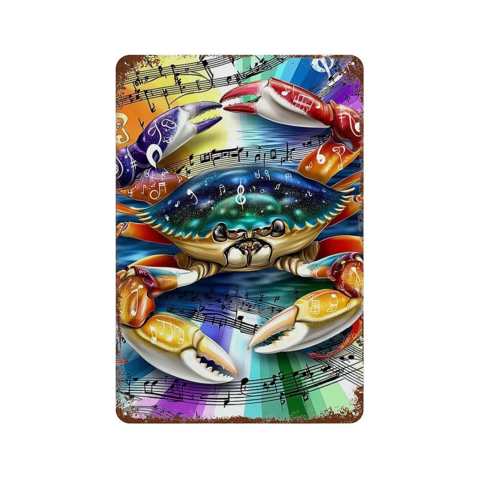 Rust Effect Music Crab Symphony Art Rusty Metal Tin Sign 11.8"x7.9", Old School Wall Decor for Garage, Bar And Workshop Decor