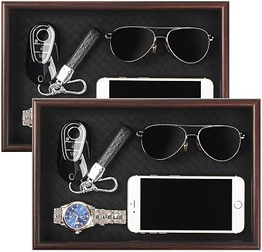 Wooden Valet Tray with Leather Base - Nightstand Catchall Organizer for Cologne, Perfume, Keys, Wallet, Phone, Watch, Jewelry & Sunglasses 2Pcs Black