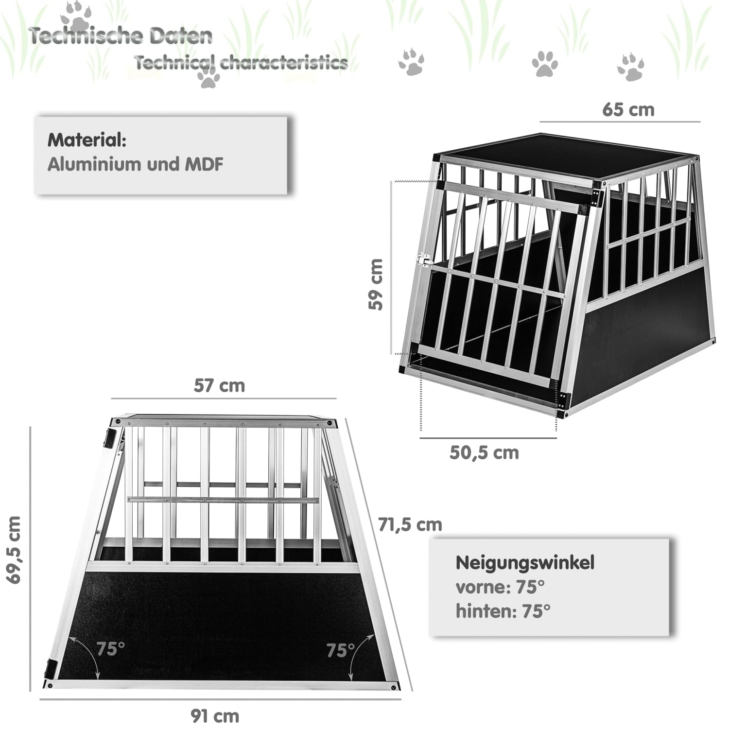 Hundebox schräge Frontseite und Rückwand 75° - Größenwahl, L