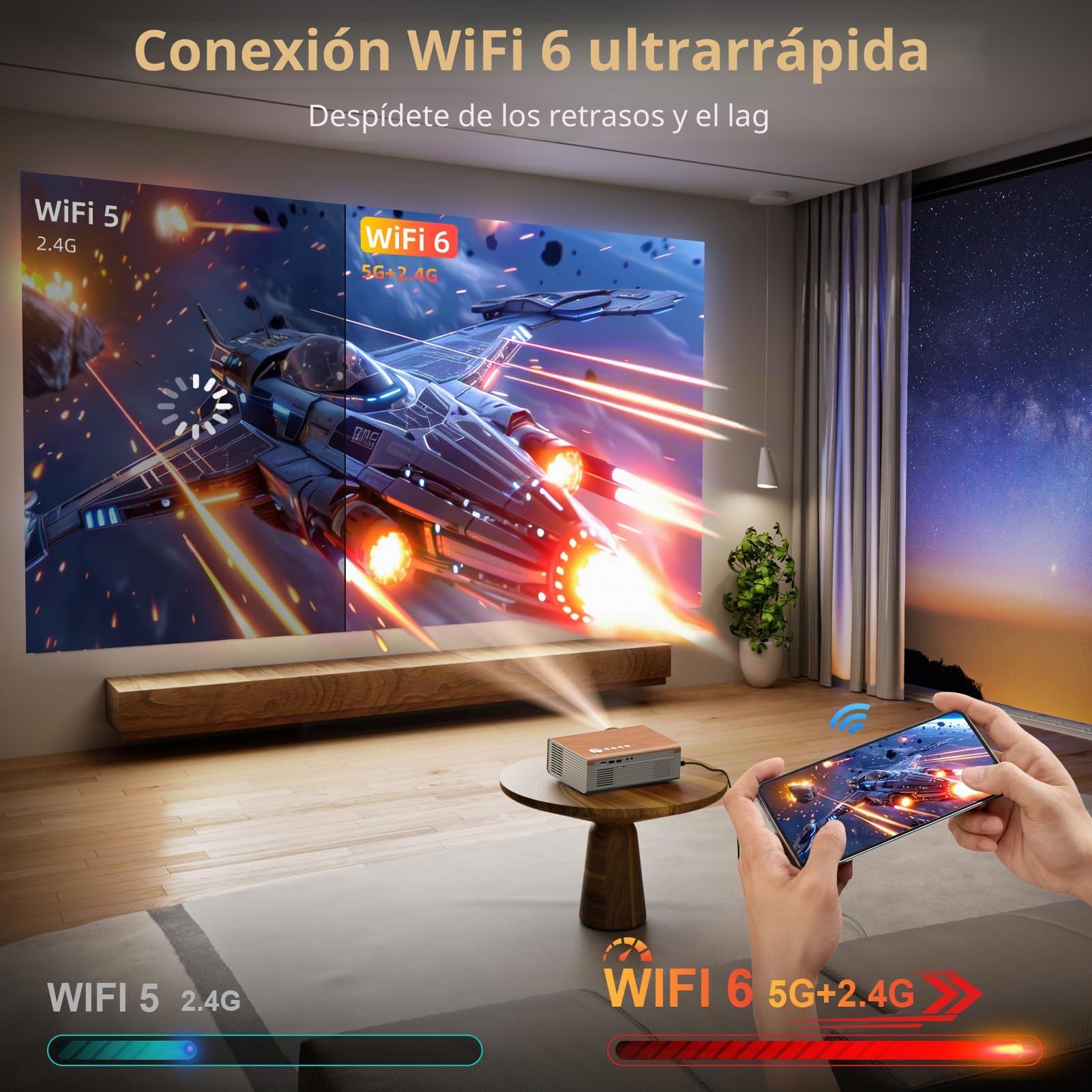 [Enfoque eléctrico/Alto Brillo] Proyector con WiFi y Bluetooth, proyector de películas Nativo 1080P para Exteriores, FUDONI Home Theater Auto 6D, Pantalla de 300 Pulgadas para USB/HDMI/iOS/Android/TV