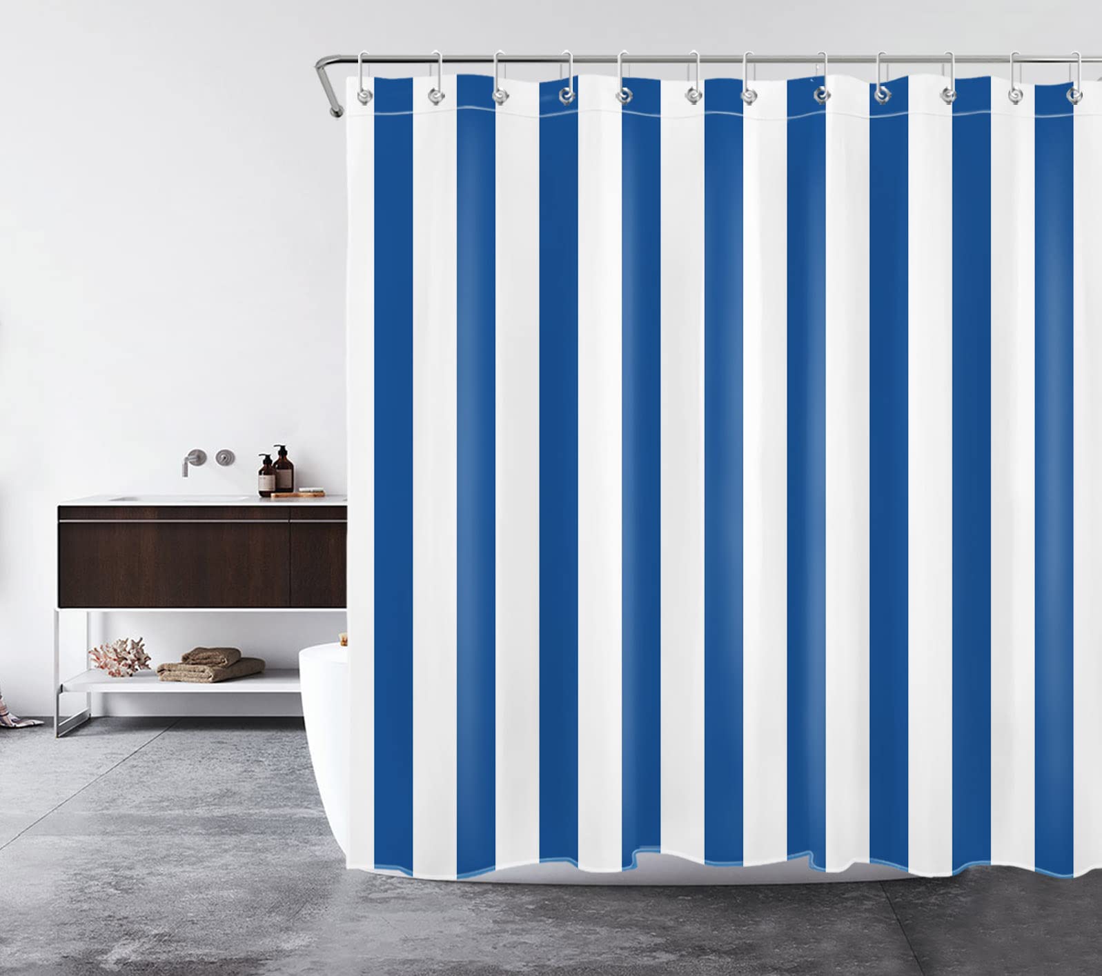 LB Navy Blue StripedBlue and White Lines Shower Curtains for Bathroom Simple Minimalist Geometric Polyester Anti Mould Waterproof Extra Long Bath Curtain Set including Hooks,71x78 inches - Image 3
