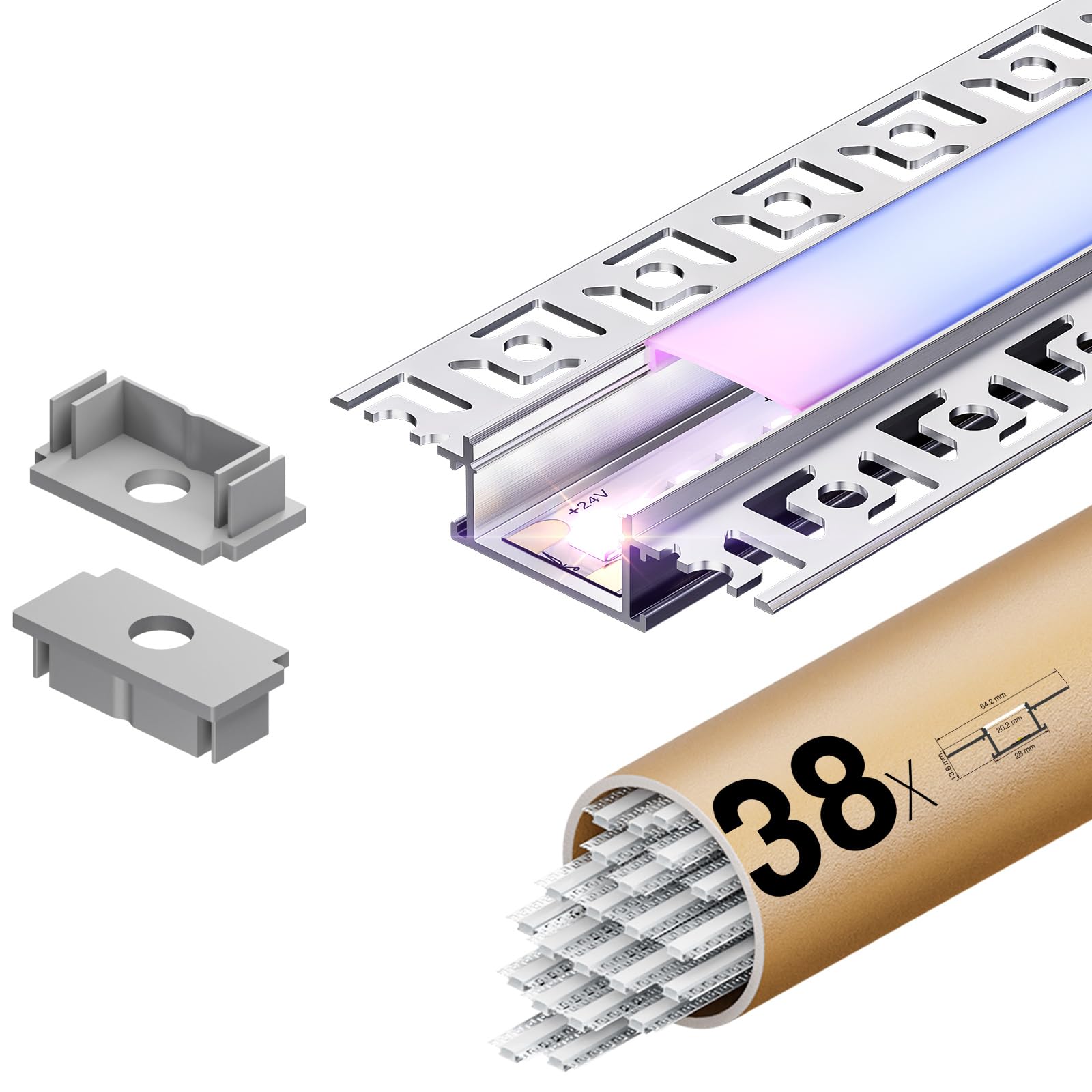 Profilé Aluminium LED Encastrable 2m × 38 Pièces (2000×64,2×13,8 mm) – Profilé Alu pour Ruban LED ≤20 mm avec Couvercle Opalin, Rail Cache Placo/Mur/Plafond, Goulotte pour Bande