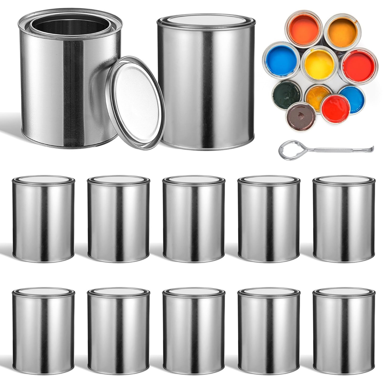 Paquete de 12 latas de pintura de metal vacías con abrelatas y tapas, recipientes de 2 pintas para pinturas, disolventes, adhesivos