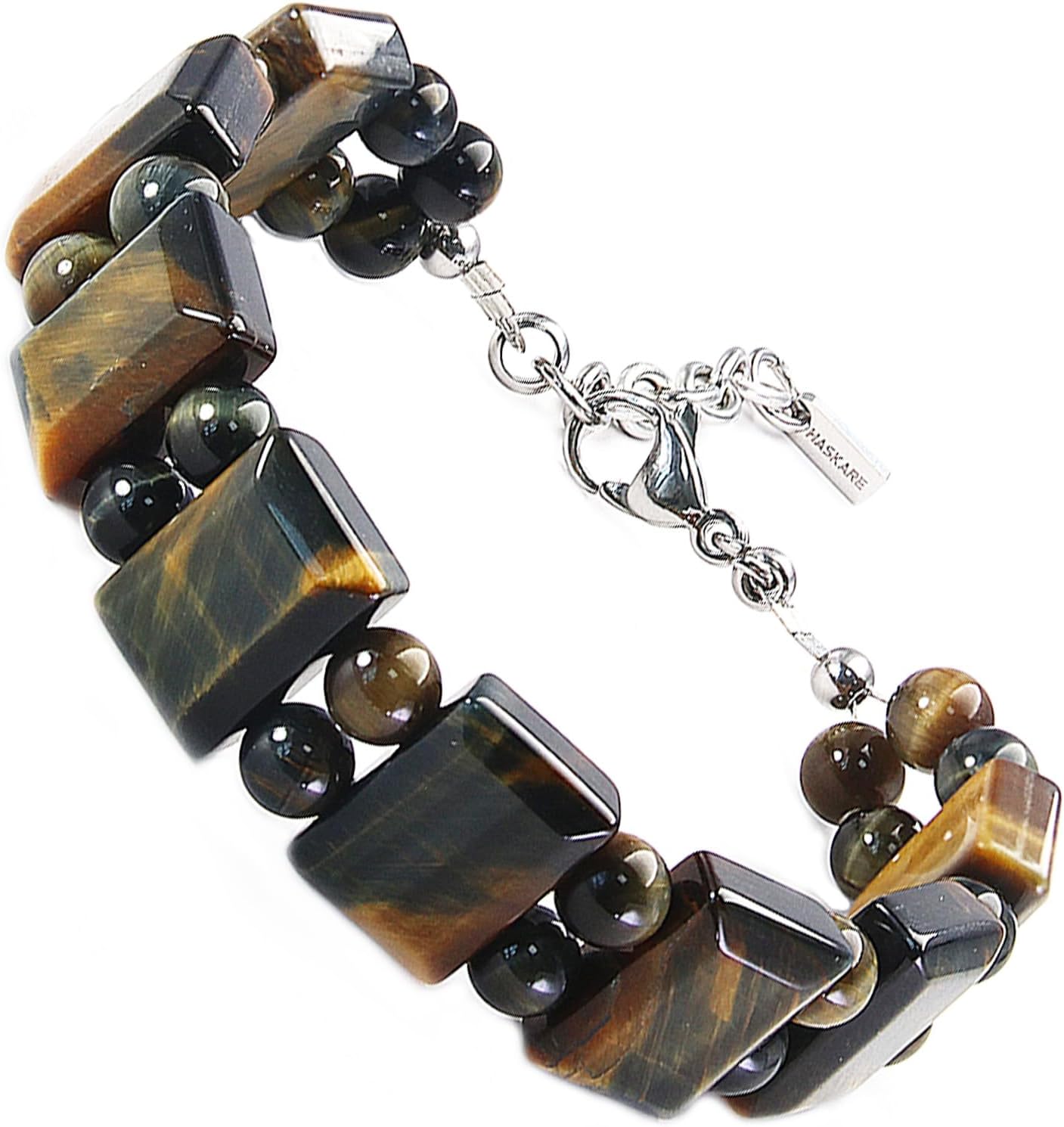 HASKARE Protection Crystals Mens Tiger Eye Bracelet, Natural Stone Men Beads Bracelet with Durable Steel Wire Clasp Gift for Father