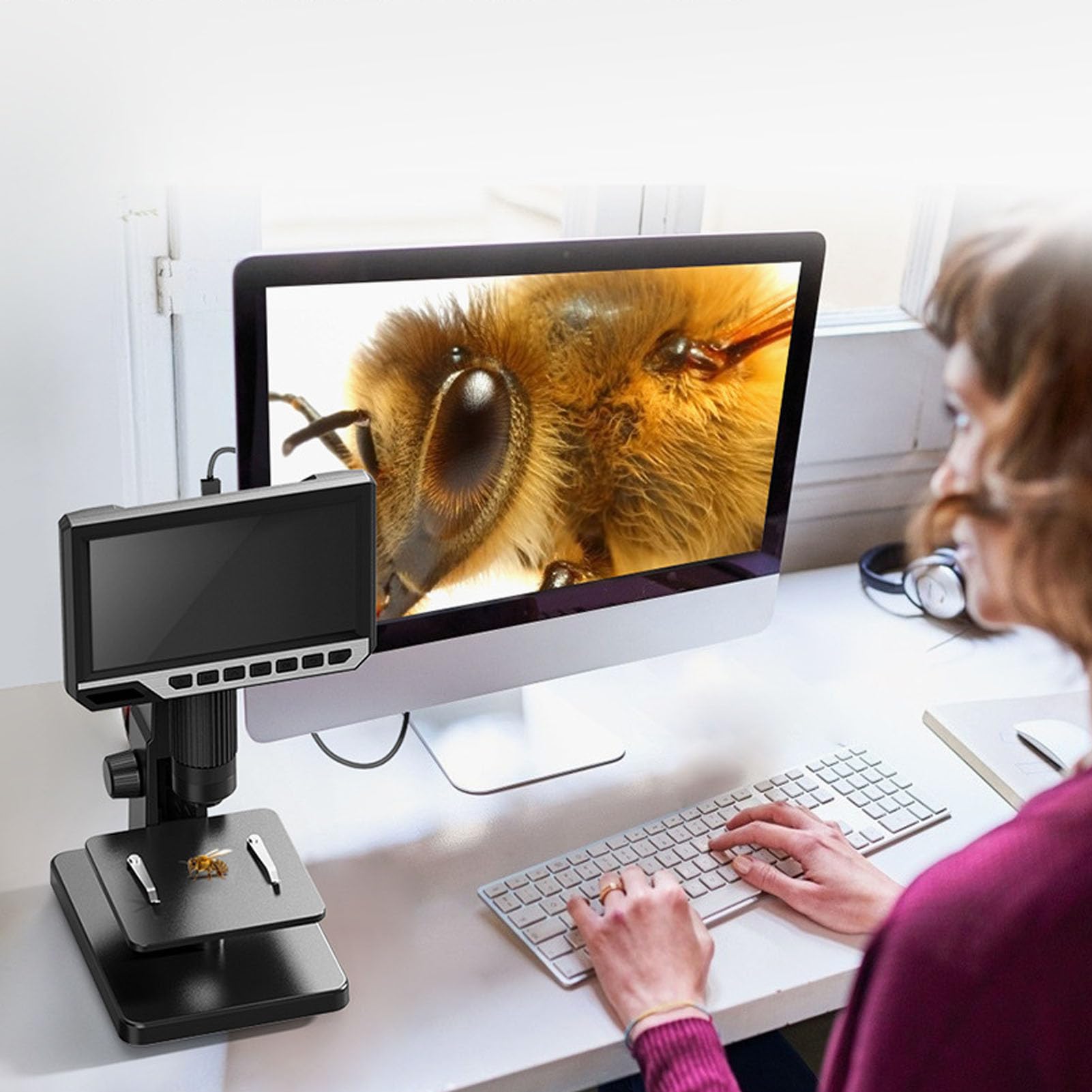 Hyuduo Digitalmikroskop, 7-Zoll-IPS-HD-Display USB-Digitalmikroskop, 2000 X 12 MP 1080P Desktop-Mikroskop für Münzbetrachtung, Lötreparatur, Leiterplatteninspektion