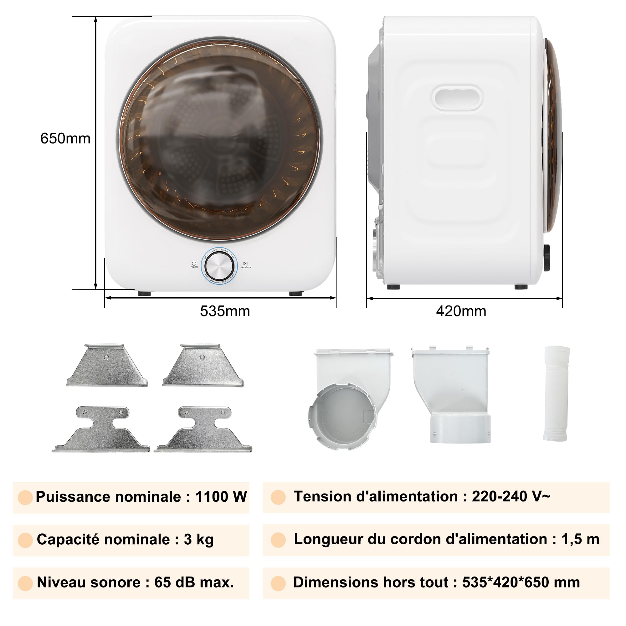 Merax Mini Sèche-linge 3kg 1350W à évacuation 8 programmes NTC 65 dB Silencieux Installation murale Double filtre 53,5×42×65 cm Blanc