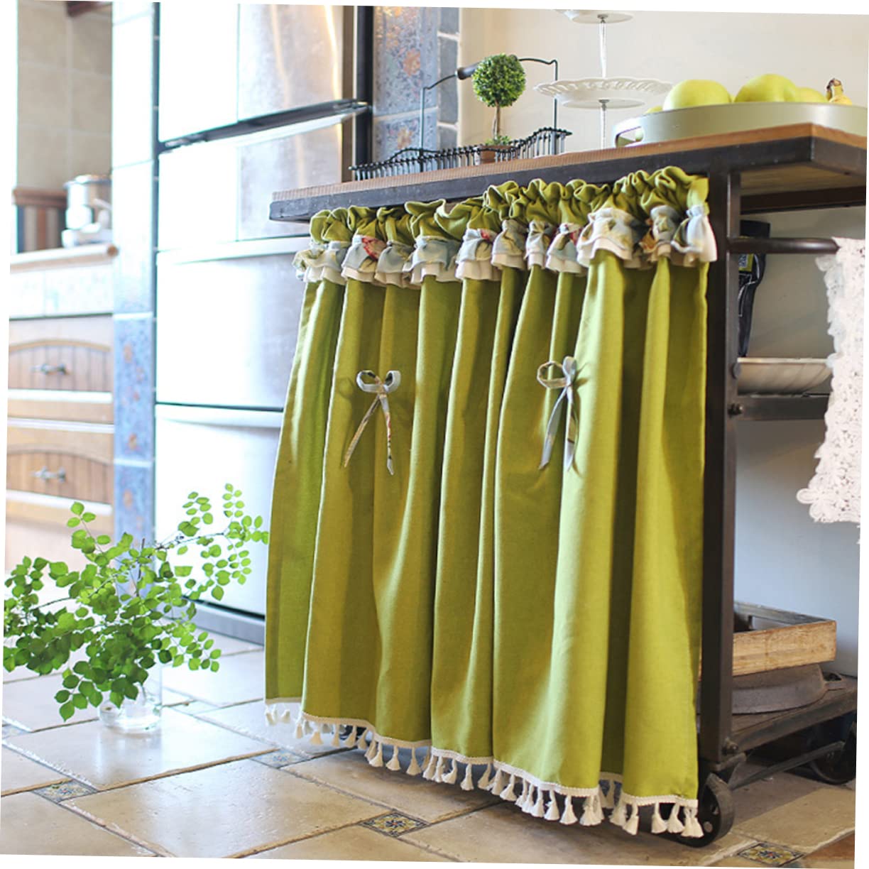 Cabilock Rideau Cuisine Court Vert en Tissus Bordure Ondulée, Demi-Rideau Élégant à Passage de Tringle, Filtre la Lumière et Protège L'intimité pour Meuble Cuisine