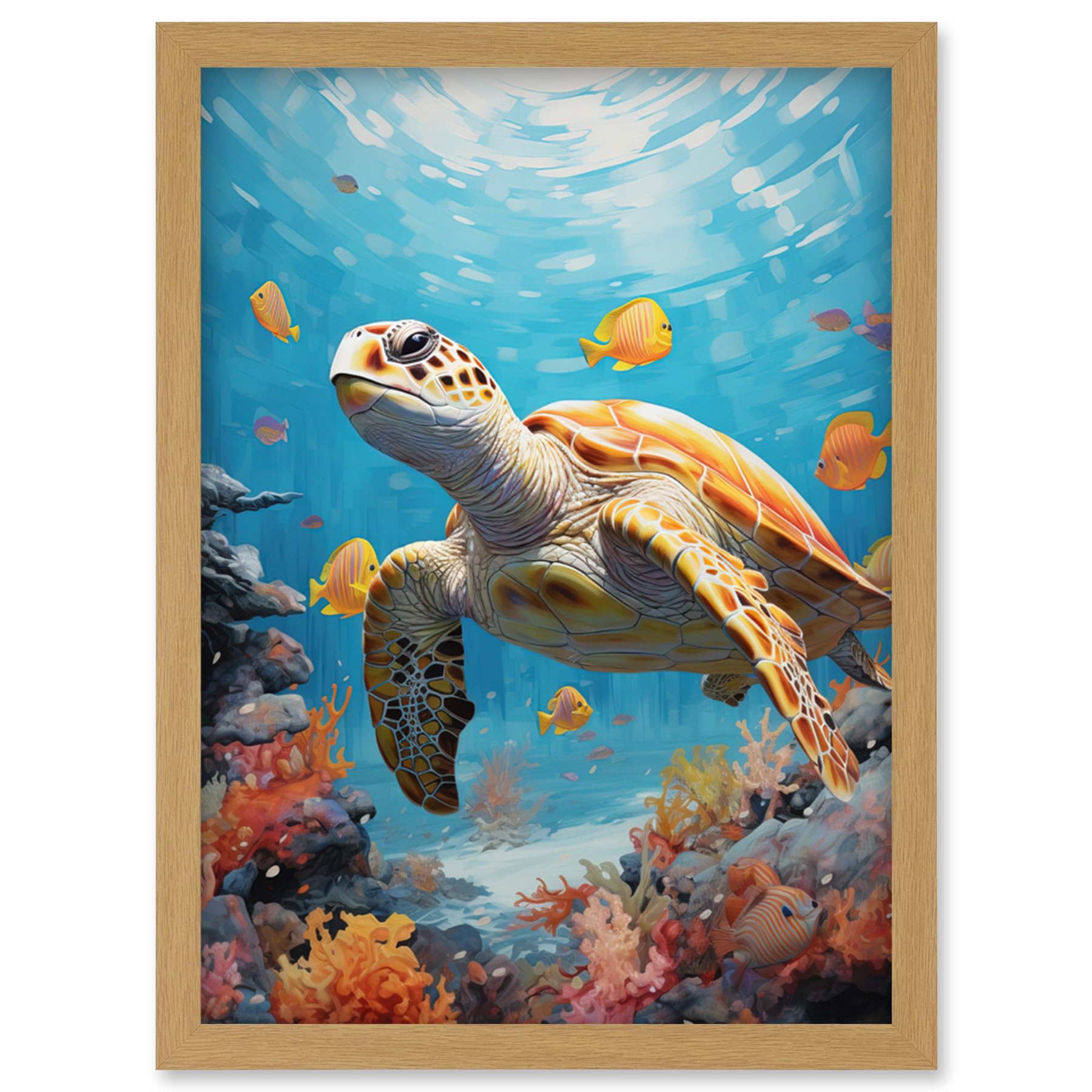 Artery8 Loggerhead Sea Turtle in Coral Reef Bright Detailed Artwork Caretta Swimming with Yellow Striped Fish Artwork Framed Wall Art Print A4