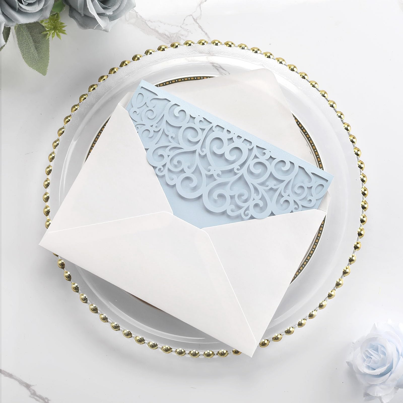 Wedding Invitations with Envelopes and RSVP Cards, Light Blue Laser Cut Invitation Pocket Blank Invitations with Envelopes and Stickers, Bridal Shower Card Birthday Party Invites Custom 50 PCS
