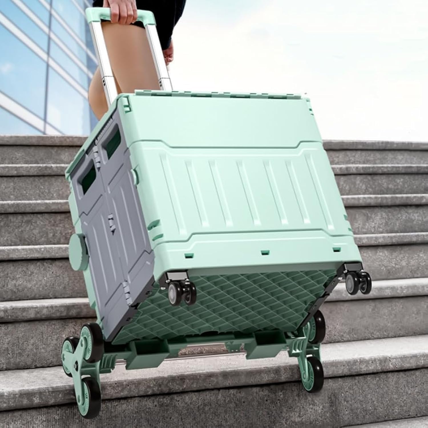 U-HOOME Foldable Utility Cart with Stair Climbing Wheels, Portable Rolling Crate Handcart Shopping Trolley Wheel Box with Lid,Telescoping Handle for Travel Shopping Camping Office Use-50L (Green)