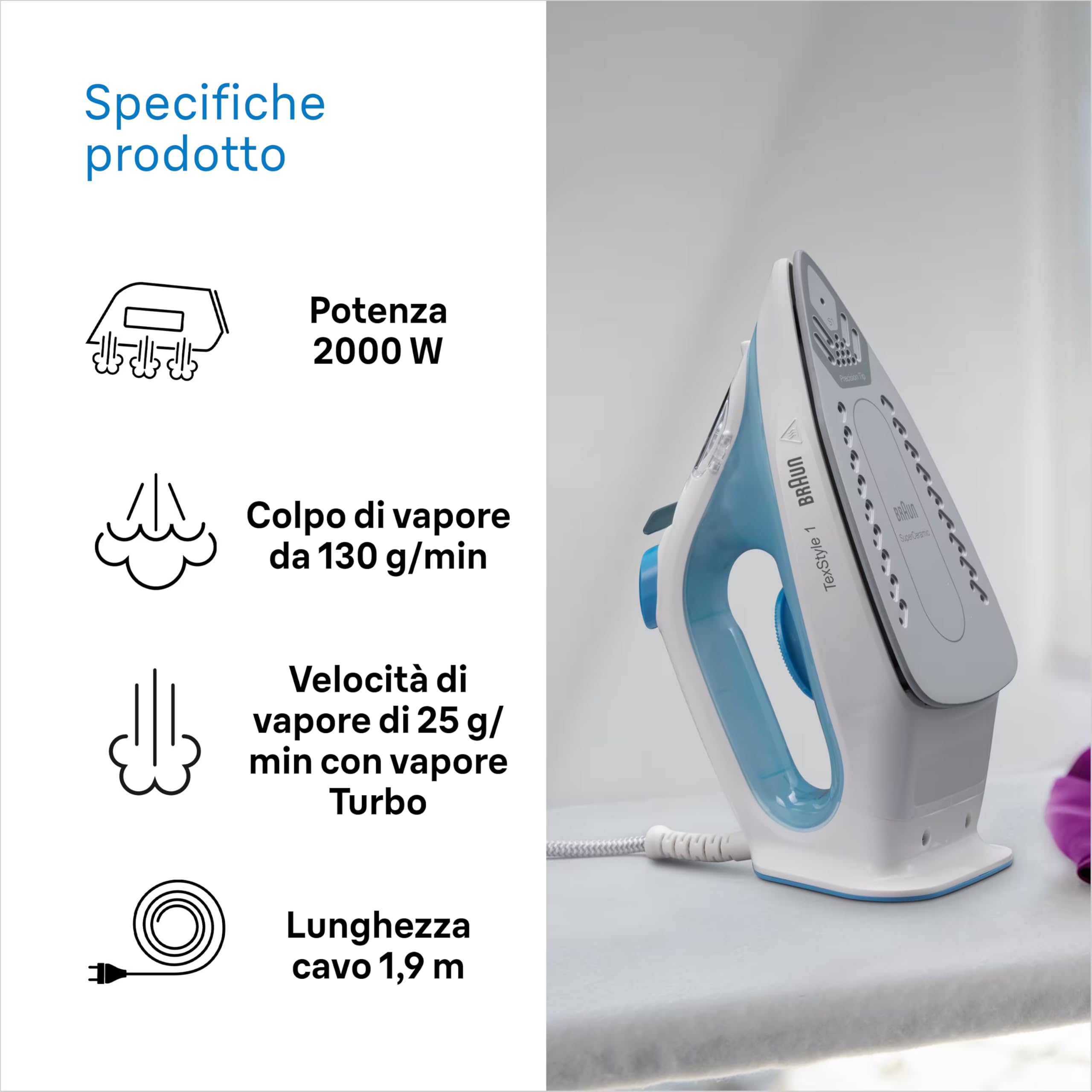 Braun TexStyle1 SI 1050BL Ferro da stiro a Vapore con 5 ANNI DI ASSISTENZA, Termostato, 25g/min in modalità Turbo, MODALITA' RISPARMIO ENERGETICO, Capacità Serbatoio 220ml, 2000W, Celeste