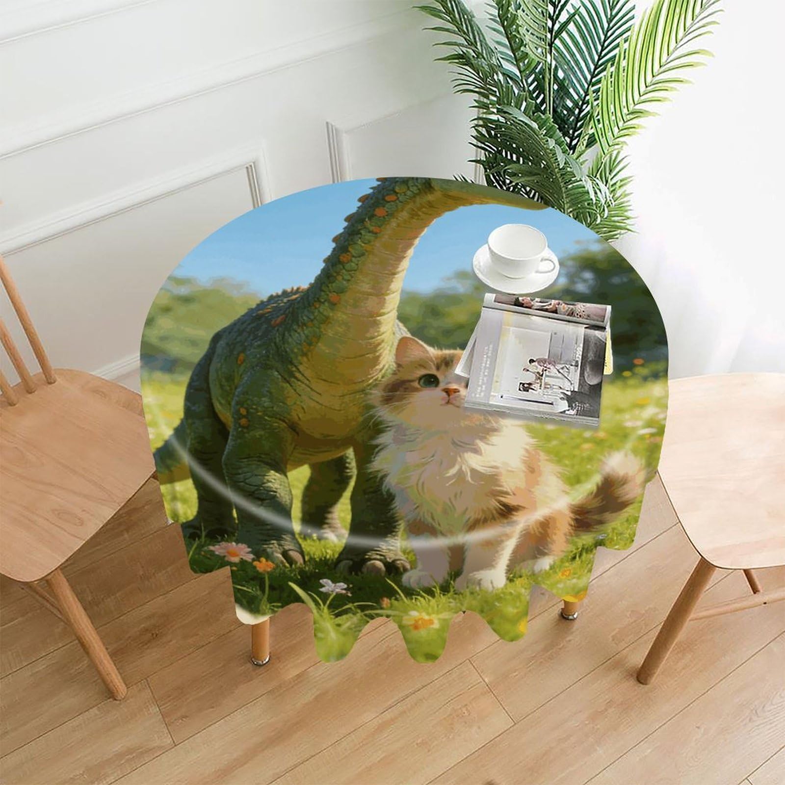 LZQPOEAS Cat and Dinosaur Tablecloth Easy to Clean Polyester Round Table Cover Washable Round Table Cloth Wrinkle-Free Circle Decoration Tablecloth for Kitchen and Dining Room 60"