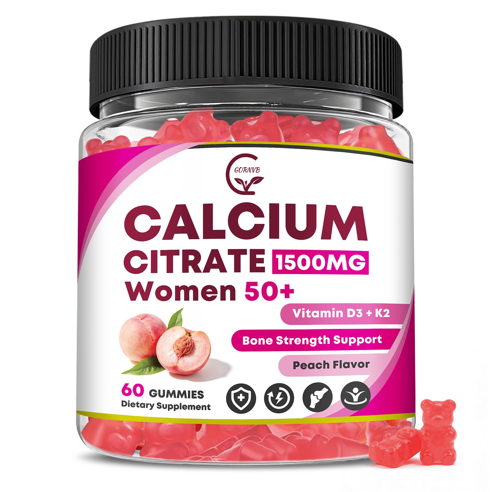 Calcium Citrate 1500 mg with Vitamin D3 K2 Gummies for Women 50 Plus, High Absorption Calcium Supplements for Bone & Teeth Support - Easy to Digest, Sugar Free, Vegan, Peach Flavor, 60 Count
