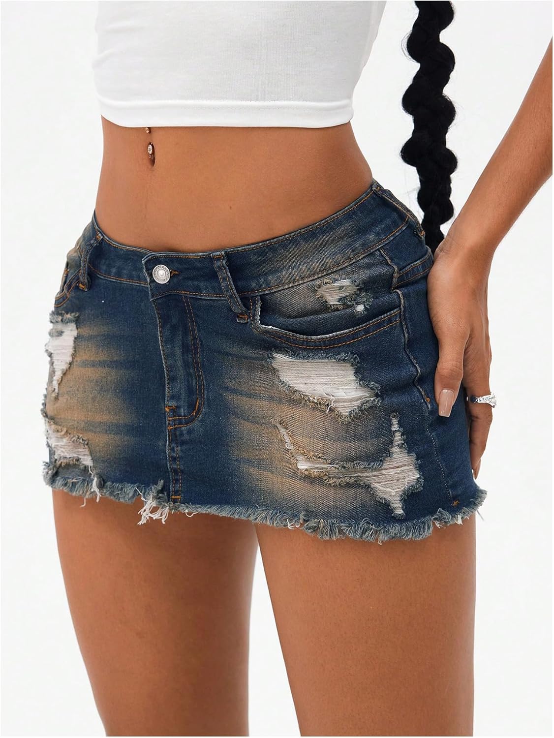 MakeMeChic Women's Denim Mini Skirt Low Waist Distressed Raw Hem Micro Jean Skirts - Image 2