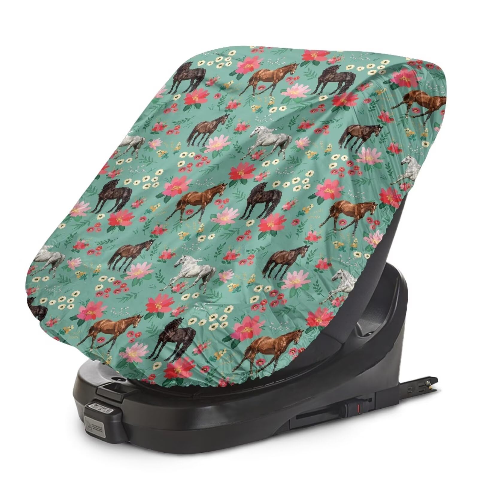 Dreaweet Horse and Floral Print Baby Car Seat Sun Shade Cover Elastic Toddler Car Seat Sun Shade Blocks Out Heat & Sun Car Seat Sun Protector for Child Car Seat Universal Car Seat Sunshade Cover