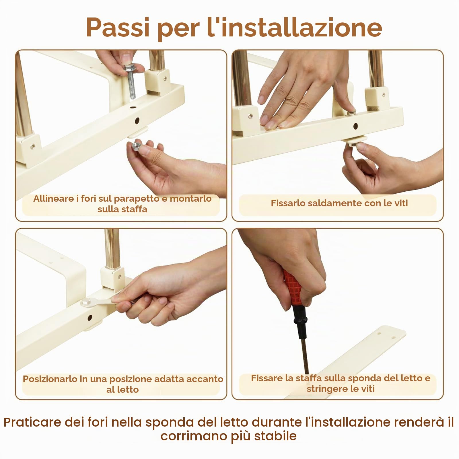 Sponda Letto con Barra in Legno, Regolabile, con Maniglie Antiscivolo, Include Attrezzi per Montaggio e Viti