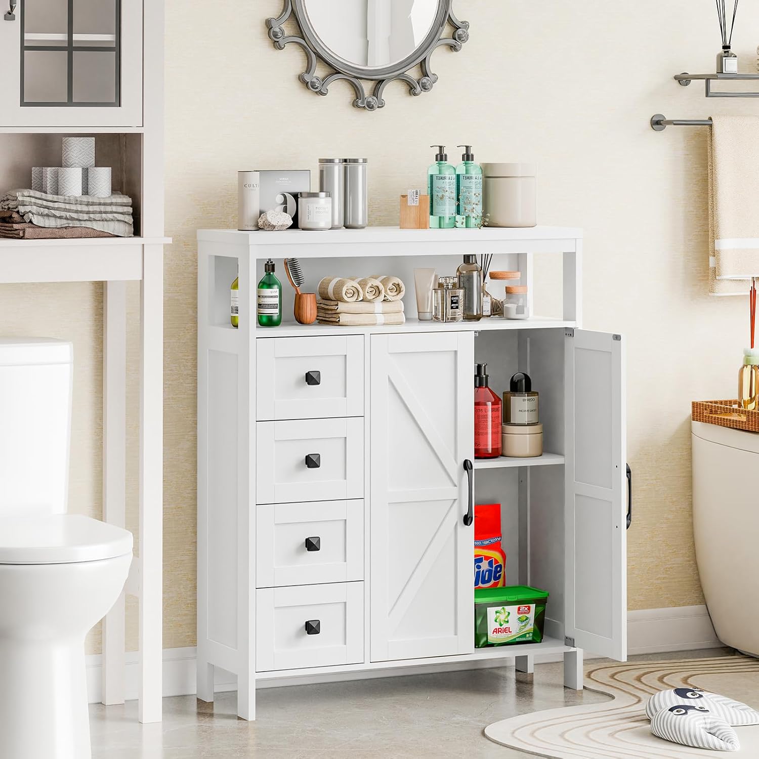 Farmhouse Storage Cabinet with 2 Doors and 4 Drawers, Freestanding Bathroom Cabinets Kitchen Pantry, Floor Storage Cabinet Hutch Cupboard for Kitchen/Living Room/Bathroom （White）
