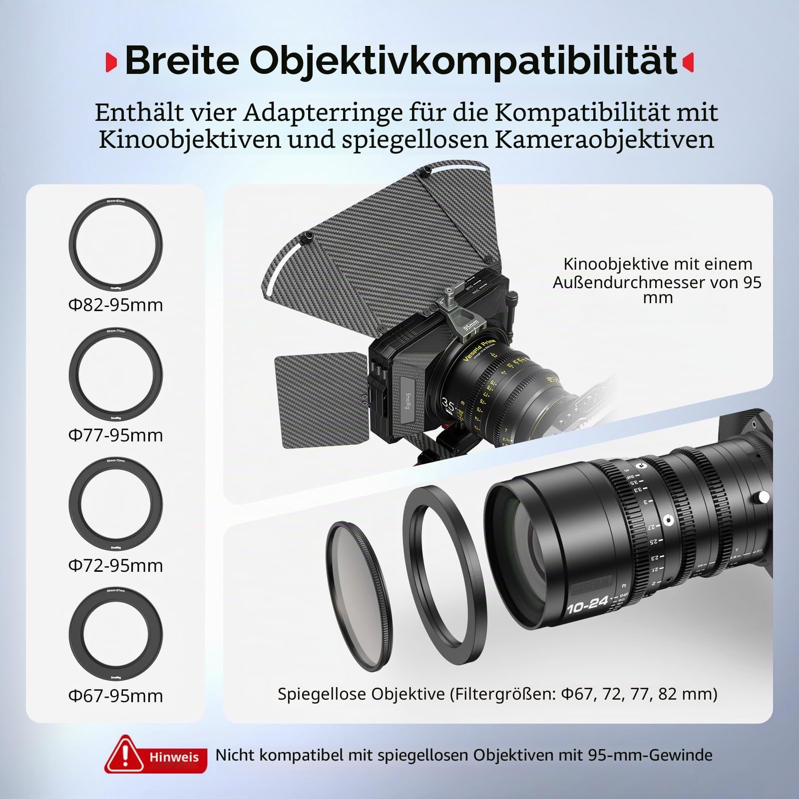 SMALLRIG Mini Matte Box Pro Flag Kit mit Zwei 4 x 5,65 Filterrahmen, Modulares Blendschutzsystem mit Φ67/72/77/82-95mm Adapterring, Leichtes Carbonfaser-Design – 3680B