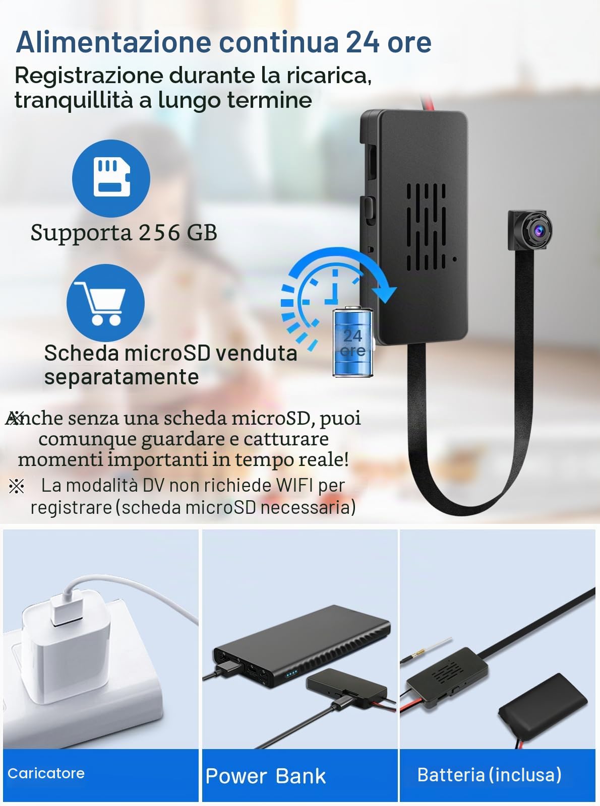 H+Y Mini Telecamera 1080P Dual-Mode, Wi-Fi 2.4GHz, Grandangolo e Protocollo RTSP. Supporta Foto, Registrazione Video e Allarme Rilevamento Movimento.