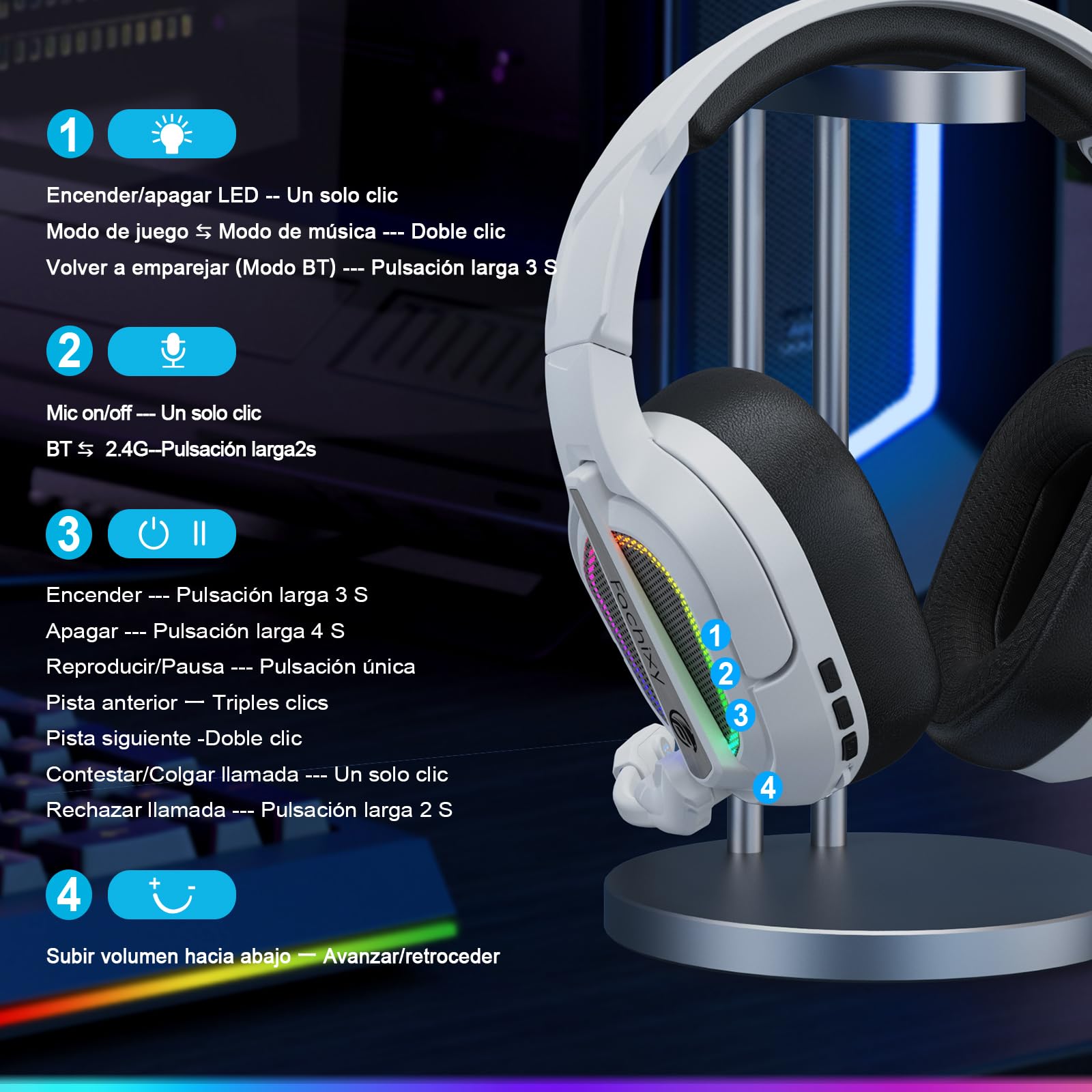 Fachixy「2025 Nuevo」FC200 Cascos Gaming Inalámbricos para PC, PS5, PS4, Auriculares Gaming Inalámbricos de 2,4GHz Wireless+Bluetooth - Baja Latencia, Duración 40Hr+, Luces RGB (Blanco-Negro)