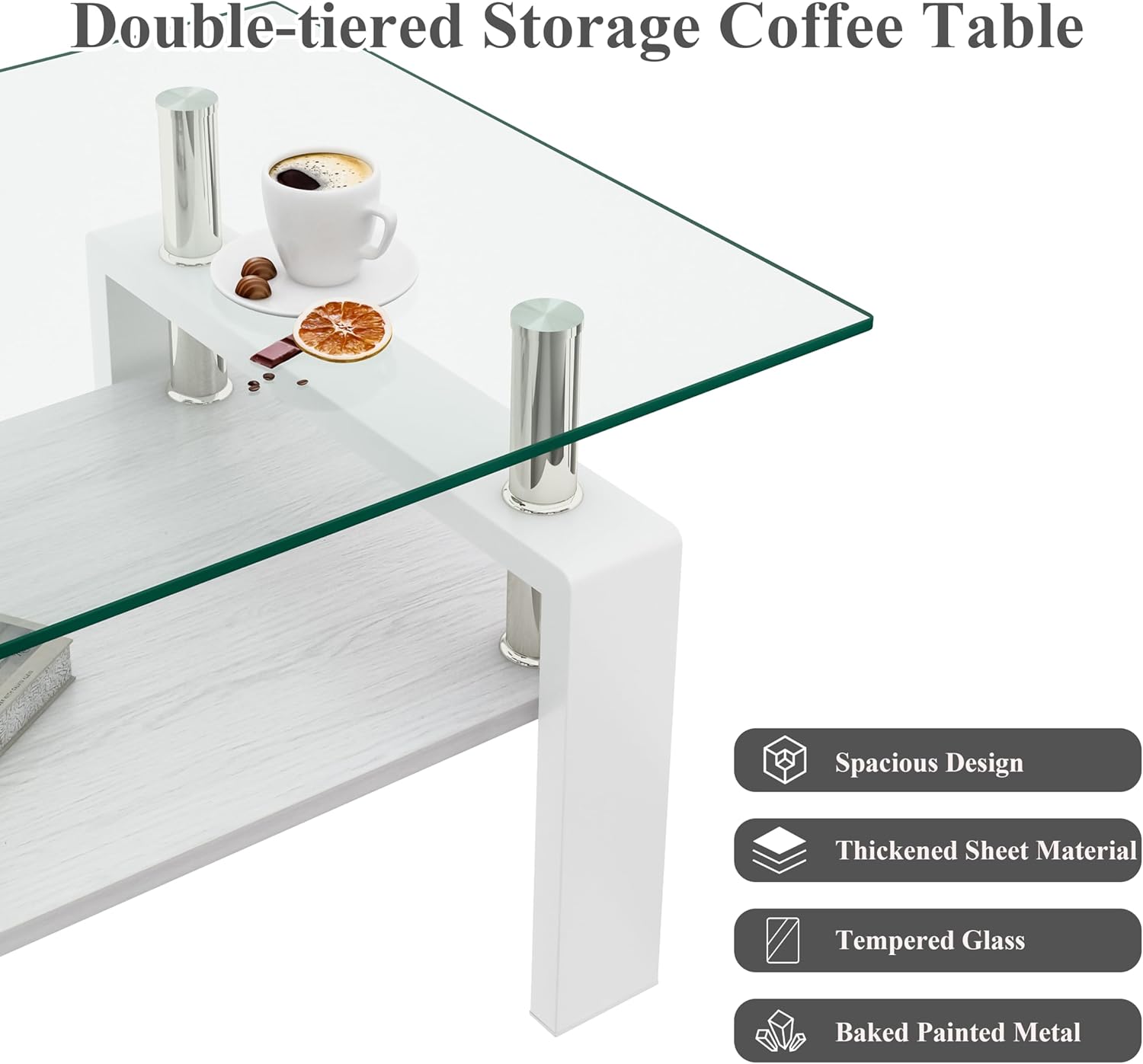 Coffee Tables for Living Room, Modern Rectangle Tempered Glass Center Coffee Table with Storage, 220lbs Load-Bearing for Small Space, Apartment, Office (Transparent + White + Tempered Glass)