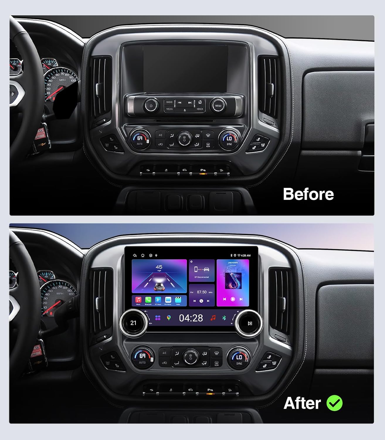 Before and after installation of the AINAVITO car stereo in a Chevy Silverado/GMC Sierra dashboard