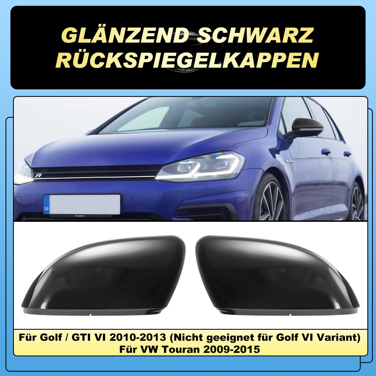 GEARMONSTER Copri specchietti retrovisori auto, custodia per specchio retrovisore, copertura per specchio laterale sostitutiva compatibile con VW Golf Mk6 2009-2013 Nero lucido